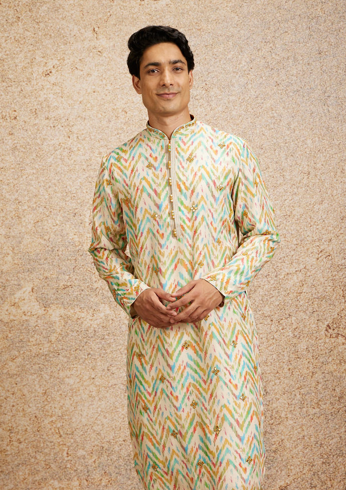 Twamev Men Beige Multicoloured Chevron Patterned Kurta Set image number 0