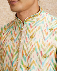 Twamev Men Beige Multicoloured Chevron Patterned Kurta Set
