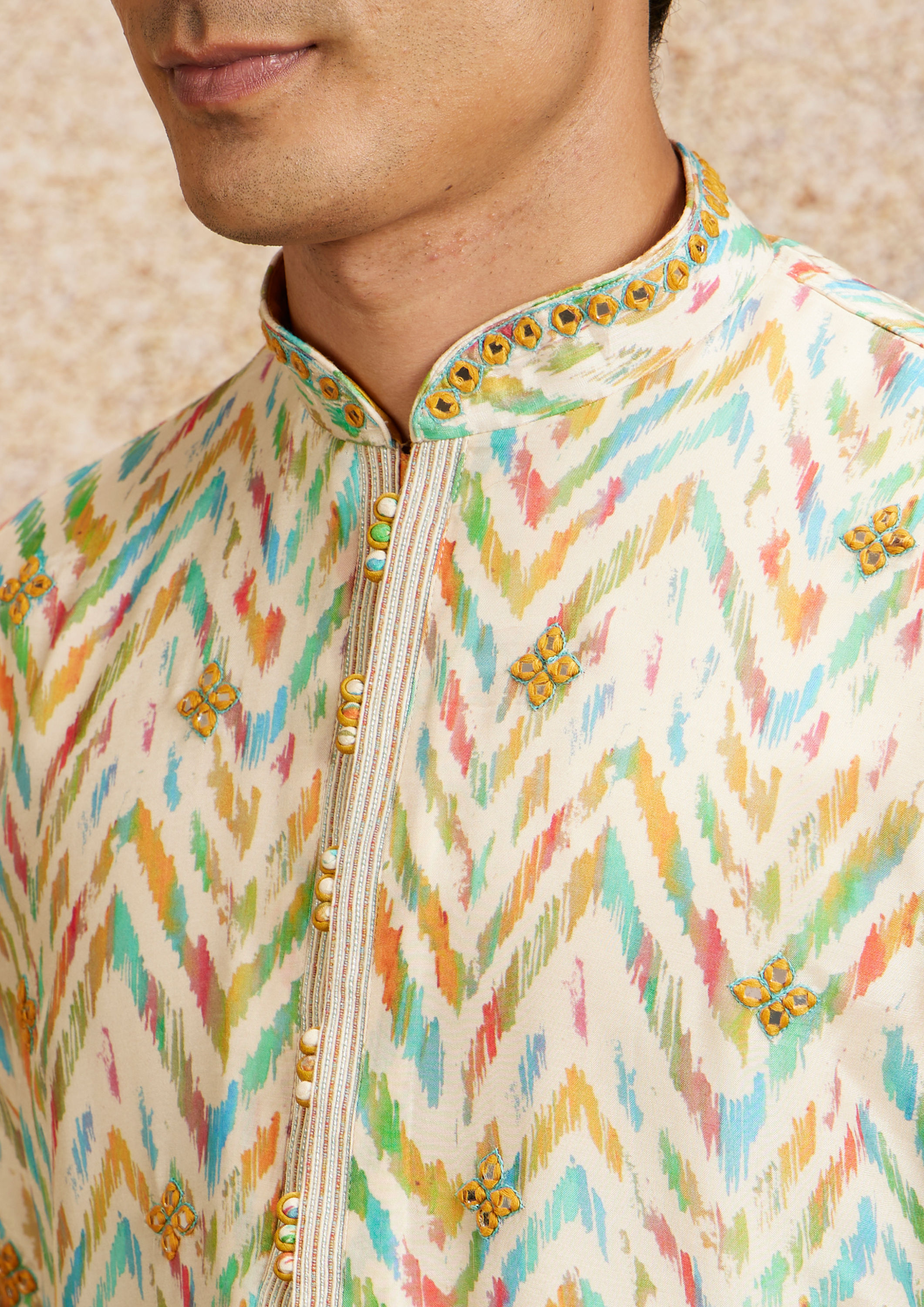 Twamev Men Beige Multicoloured Chevron Patterned Kurta Set