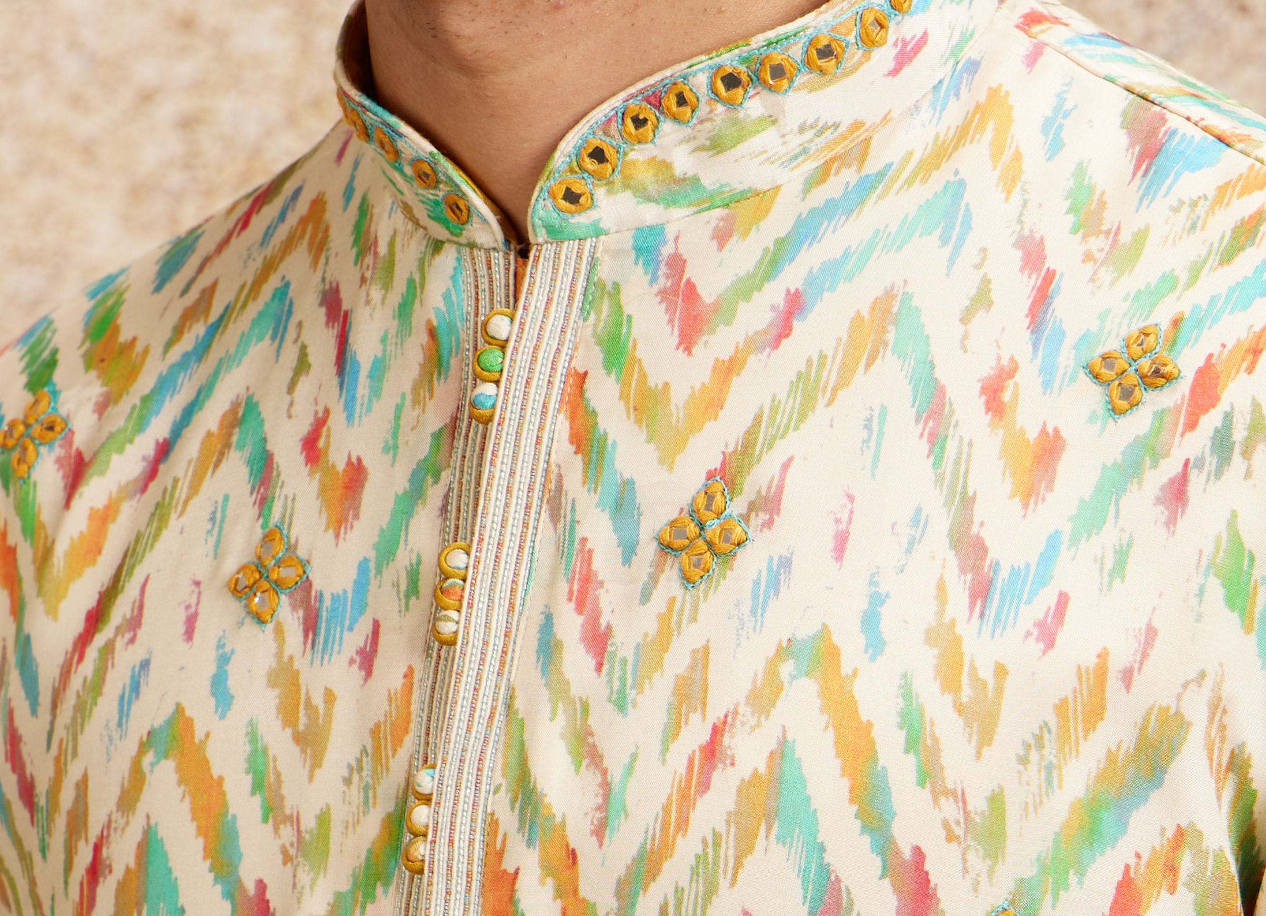 Twamev Men Beige Multicoloured Chevron Patterned Kurta Set