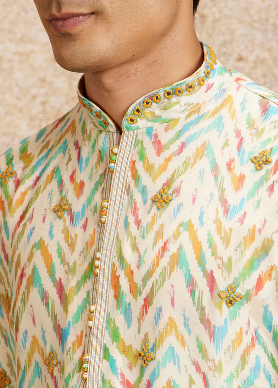 Twamev Men Beige Multicoloured Chevron Patterned Kurta Set