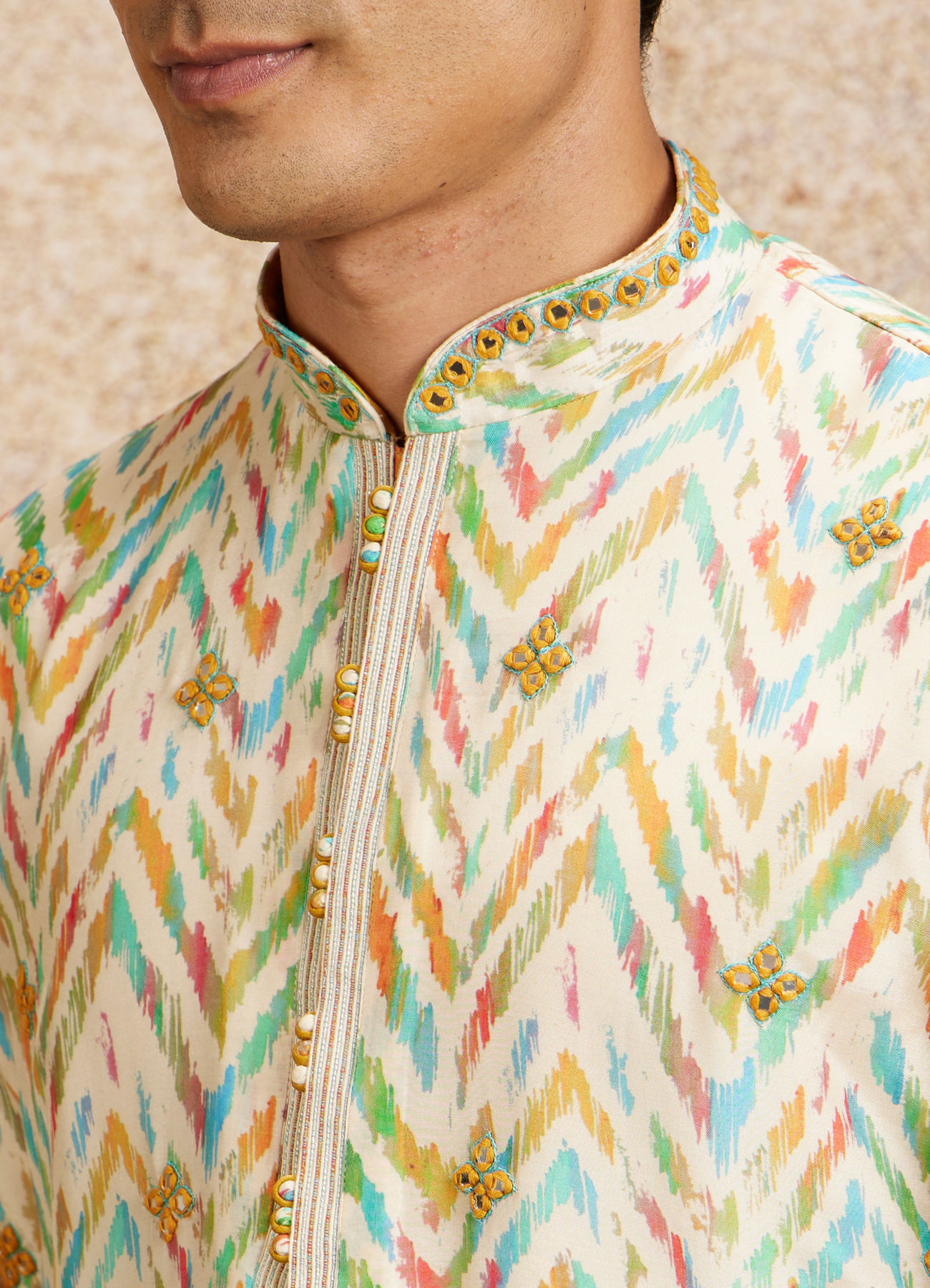 Twamev Men Beige Multicoloured Chevron Patterned Kurta Set