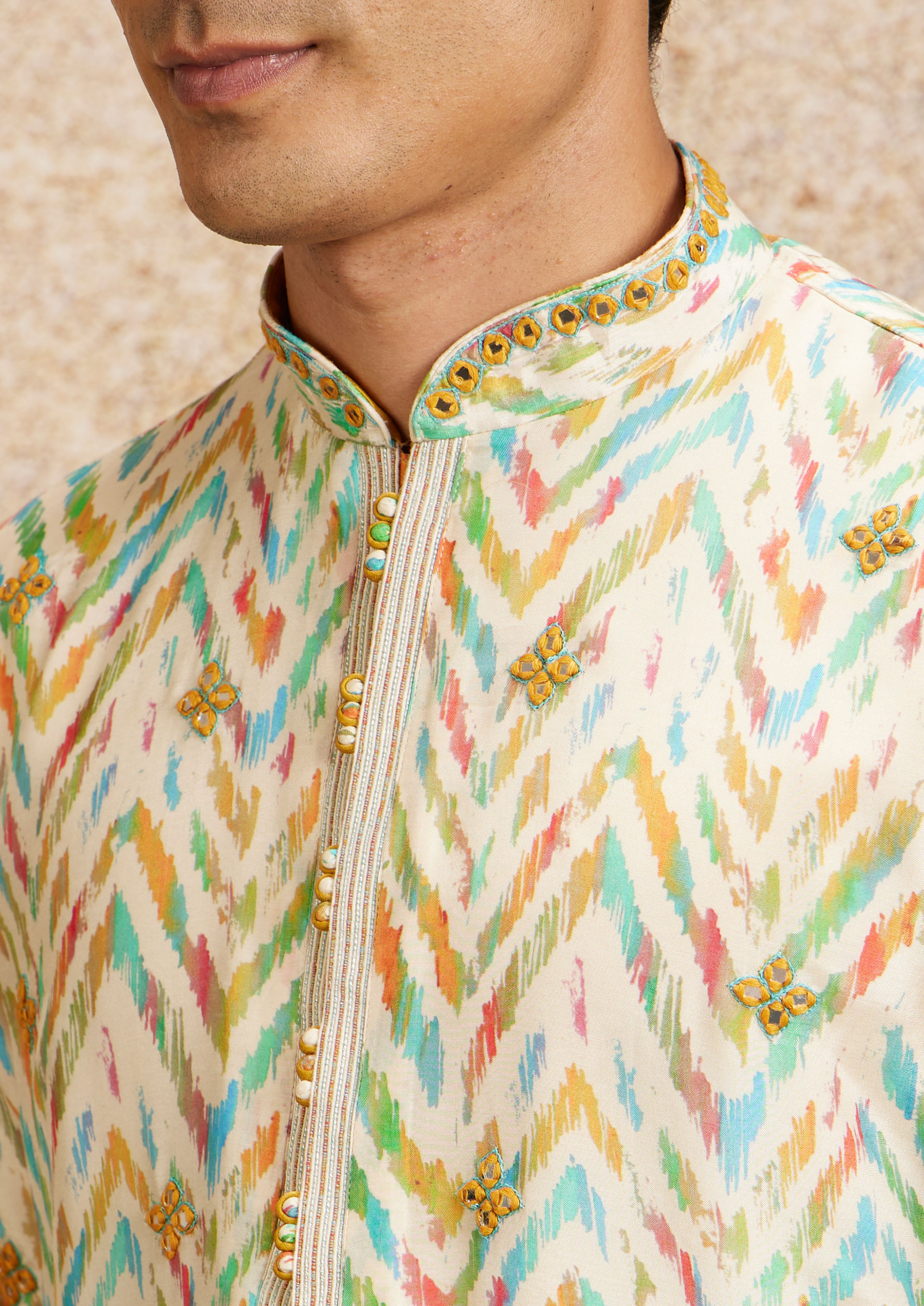 Twamev Men Beige Multicoloured Chevron Patterned Kurta Set