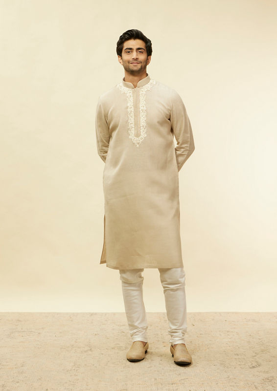 Twamev Men Natural Floral Thread Linen Kurta Set