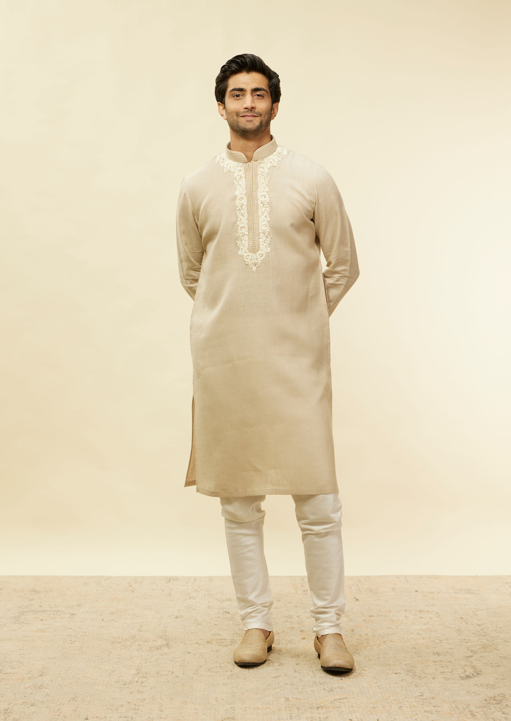 Twamev Men Natural Floral Thread Linen Kurta Set