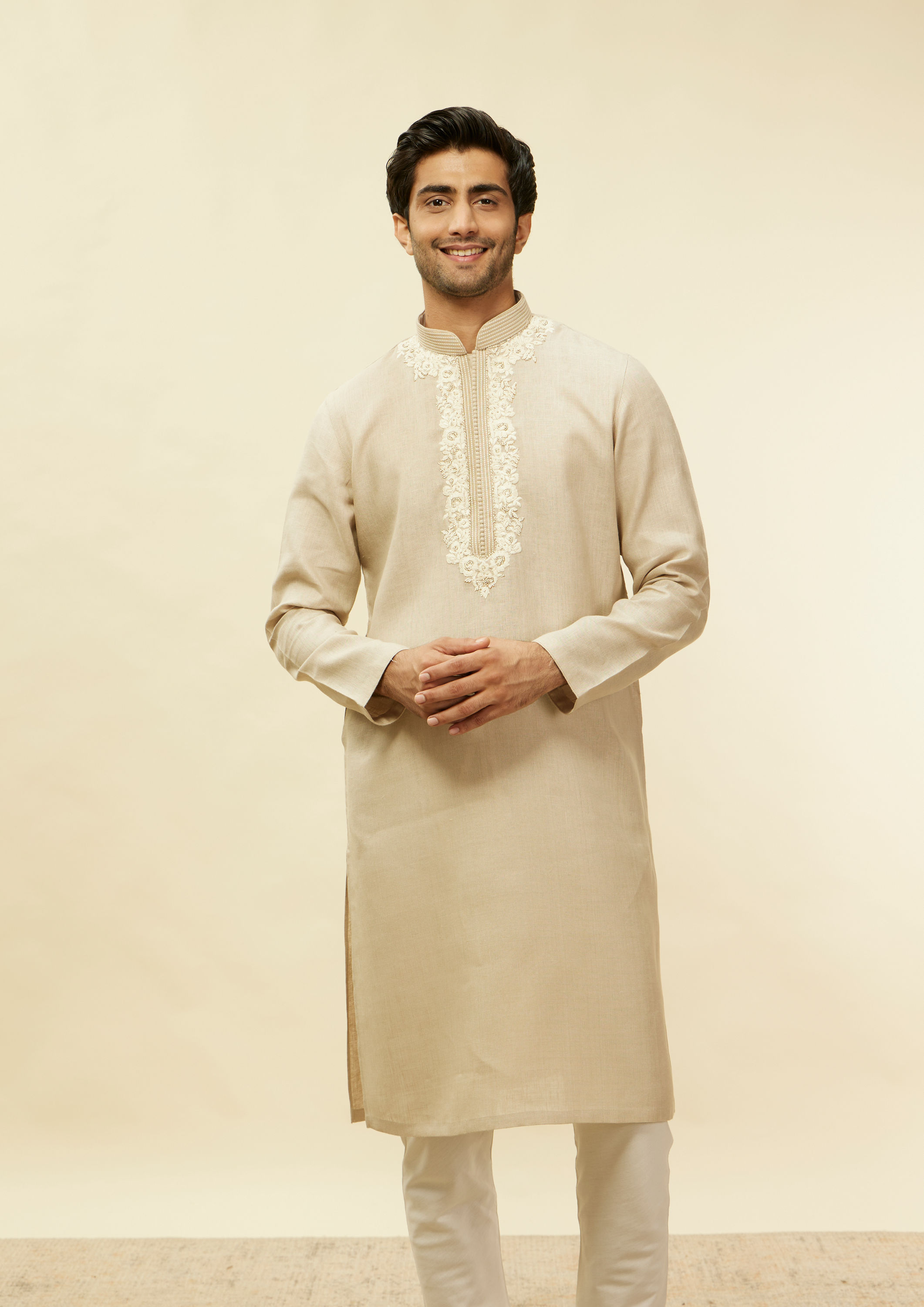 Twamev Men Natural Floral Thread Linen Kurta Set