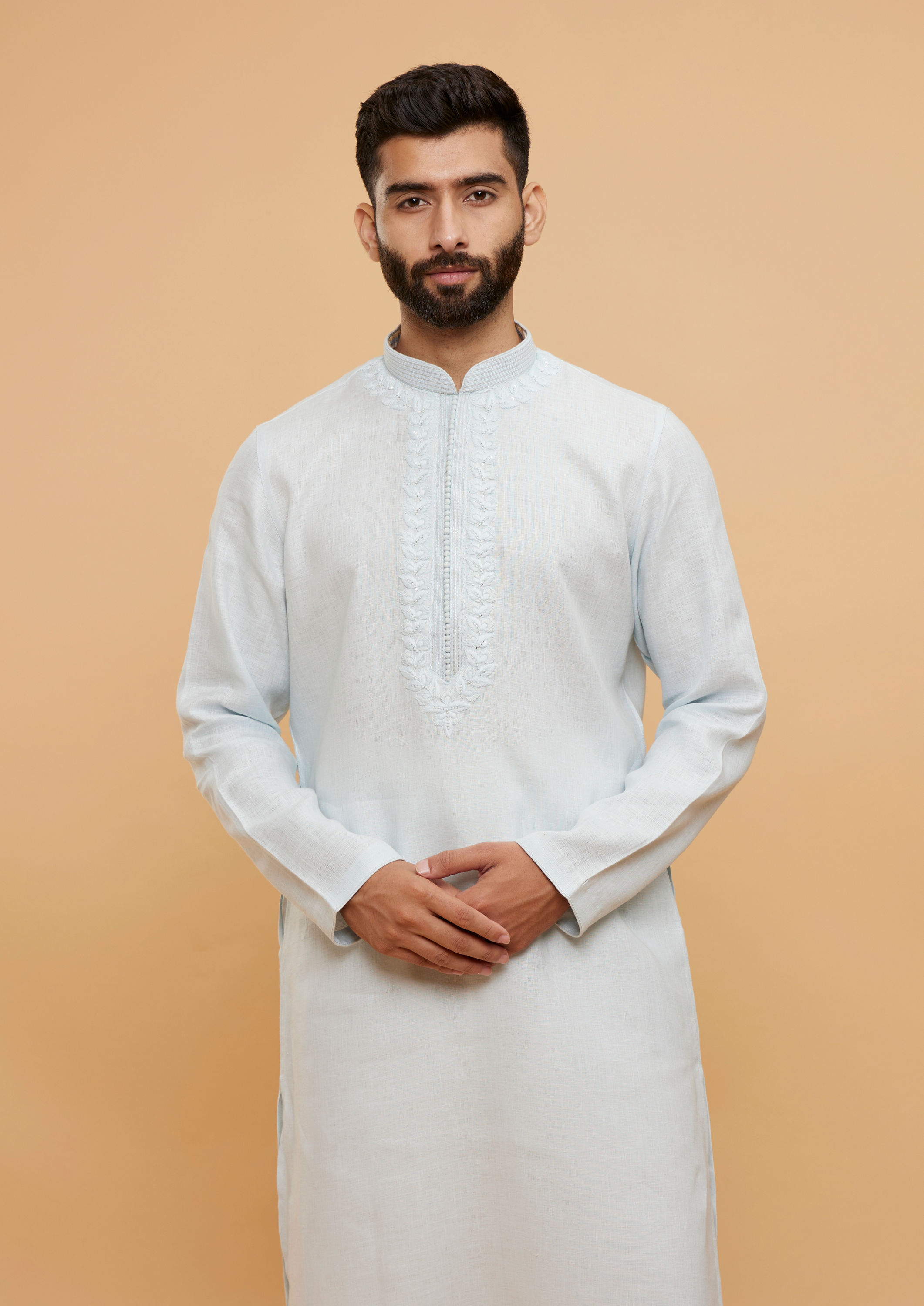 Twamev Men Ice Blue Plain Kurta Set with Embellished Neckline