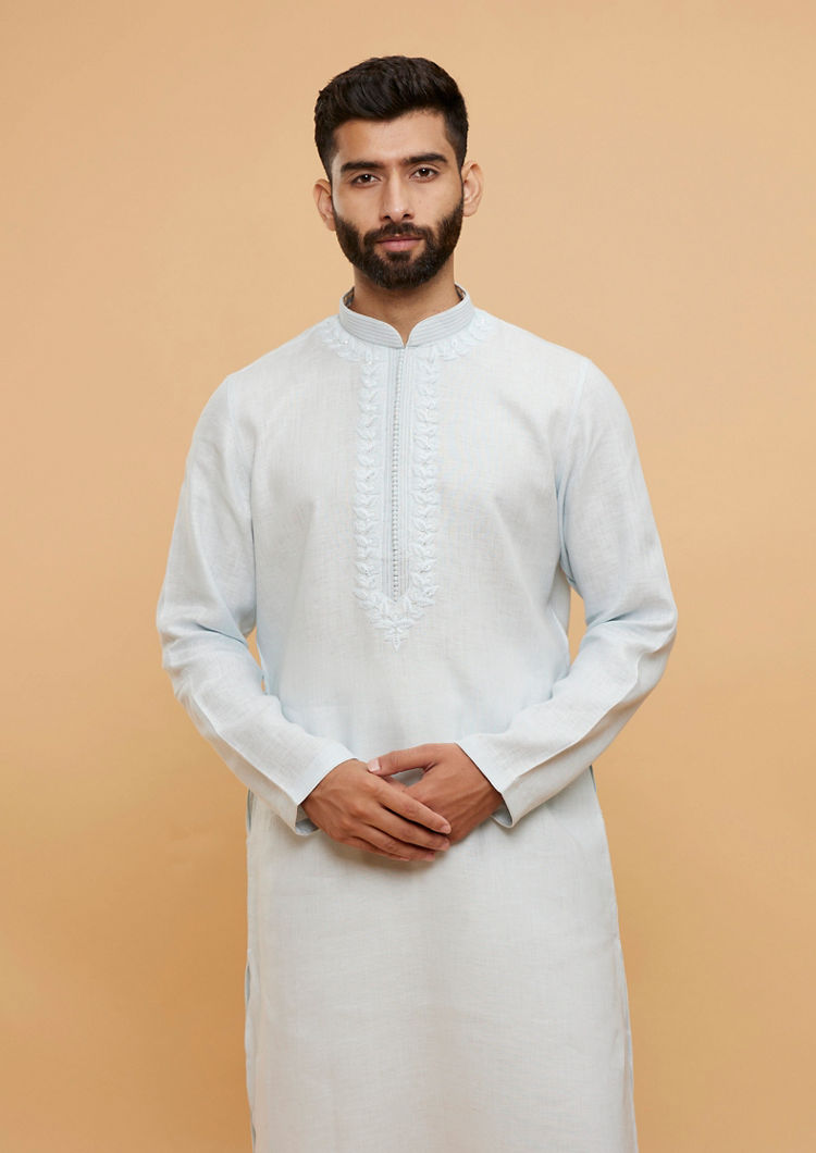 Twamev Men Ice Blue Plain Kurta Set with Embellished Neckline
