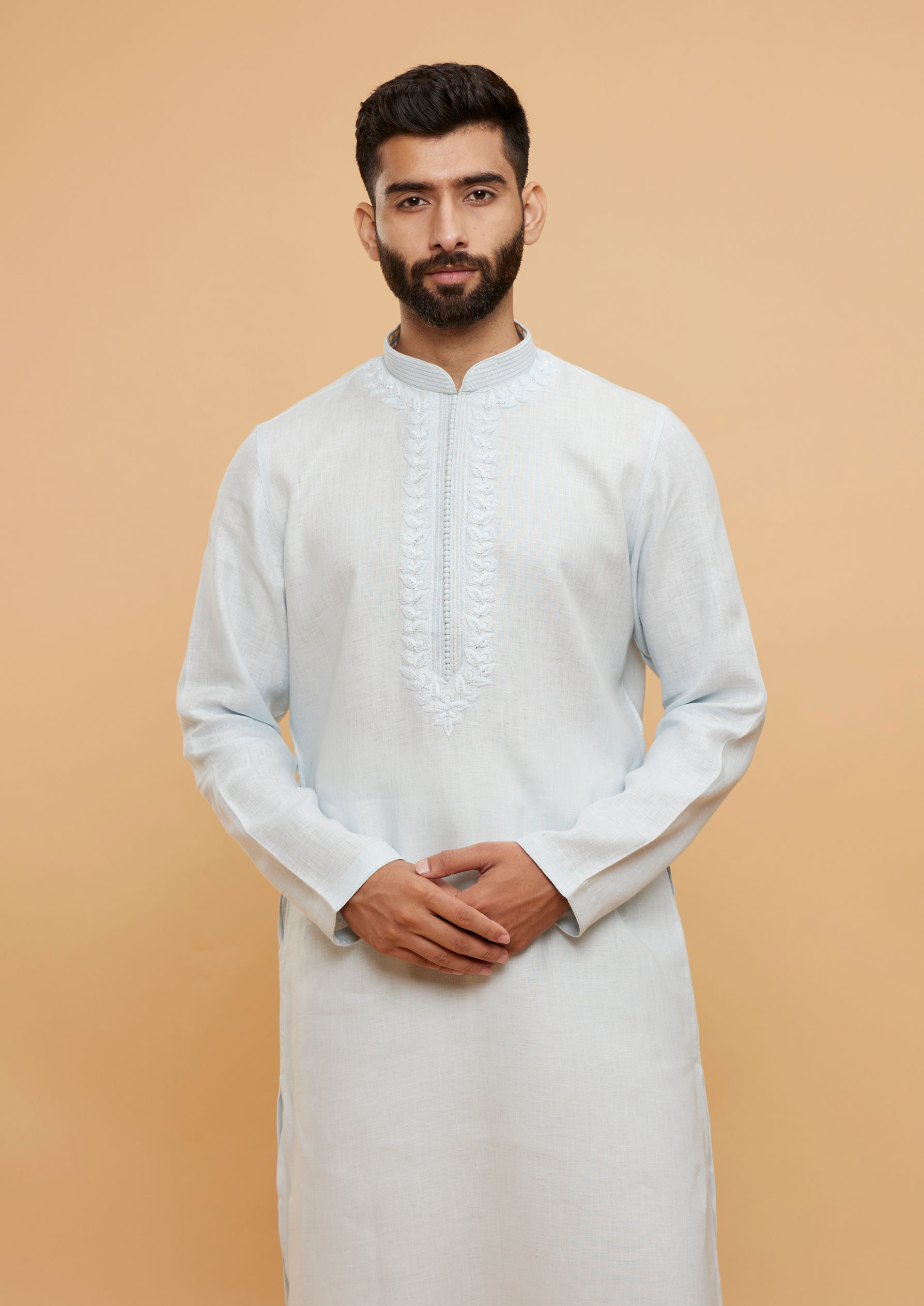Twamev Men Ice Blue Plain Kurta Set with Embellished Neckline