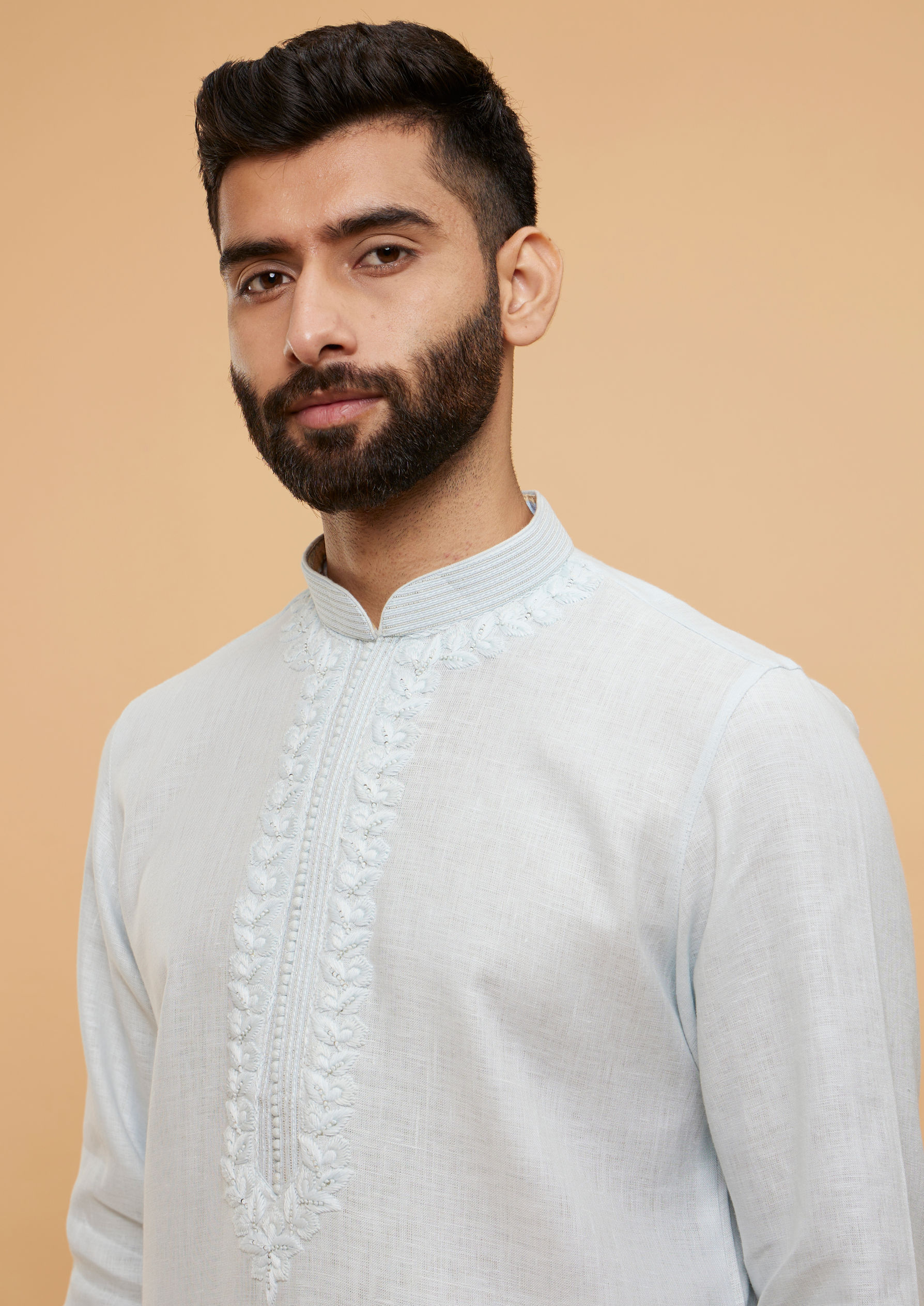 Twamev Men Ice Blue Plain Kurta Set with Embellished Neckline