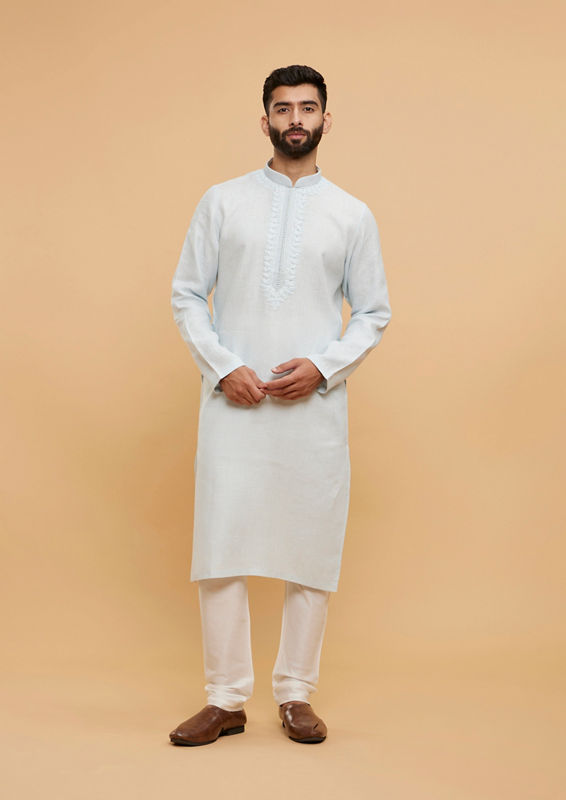 Twamev Men Ice Blue Plain Kurta Set with Embellished Neckline