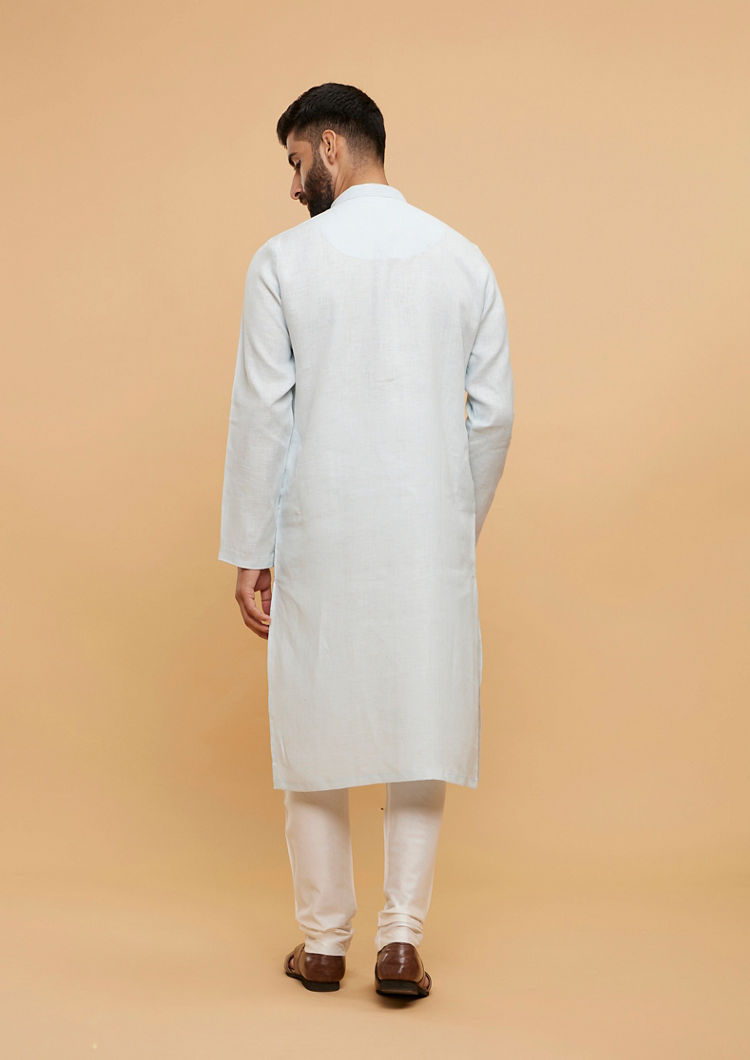 Twamev Men Ice Blue Plain Kurta Set with Embellished Neckline