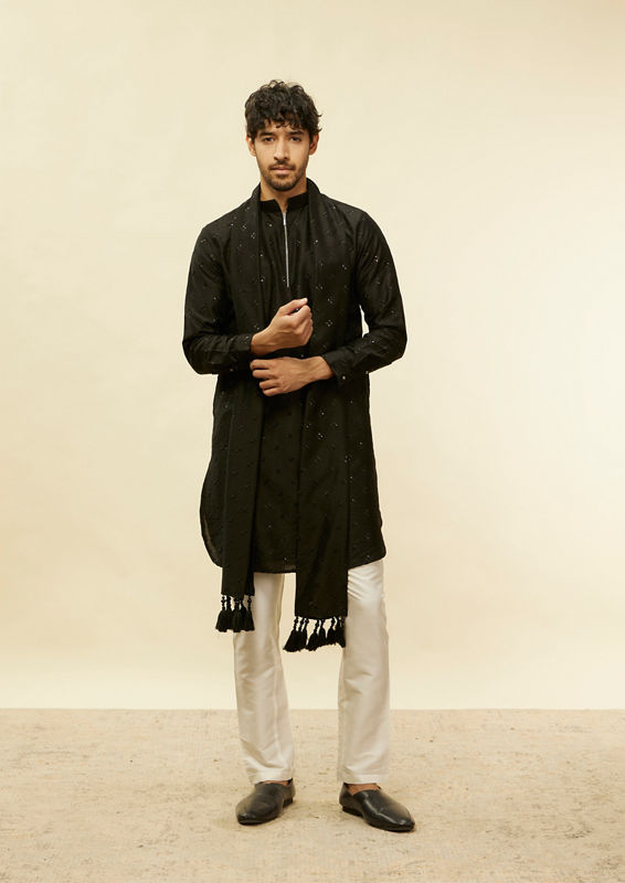 Twamev Men Rich Sequin Affair in Black Kurta Set