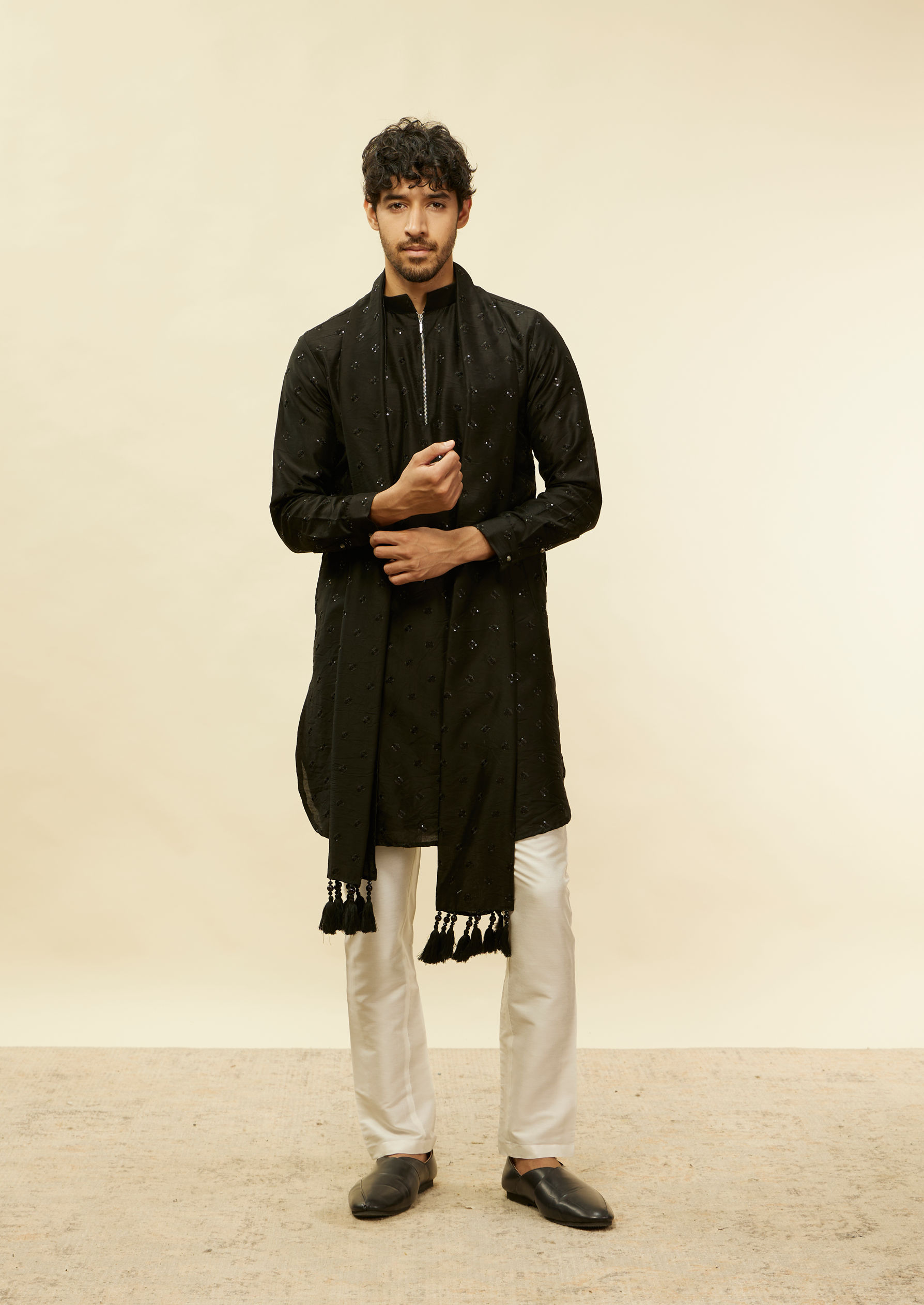 Twamev Men Rich Sequin Affair in Black Kurta Set