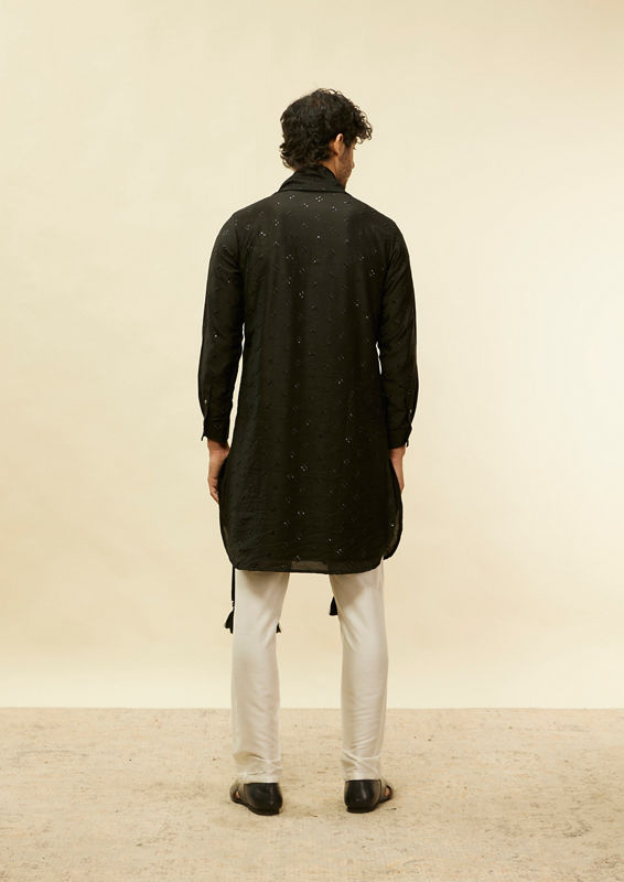 Twamev Men Rich Sequin Affair in Black Kurta Set