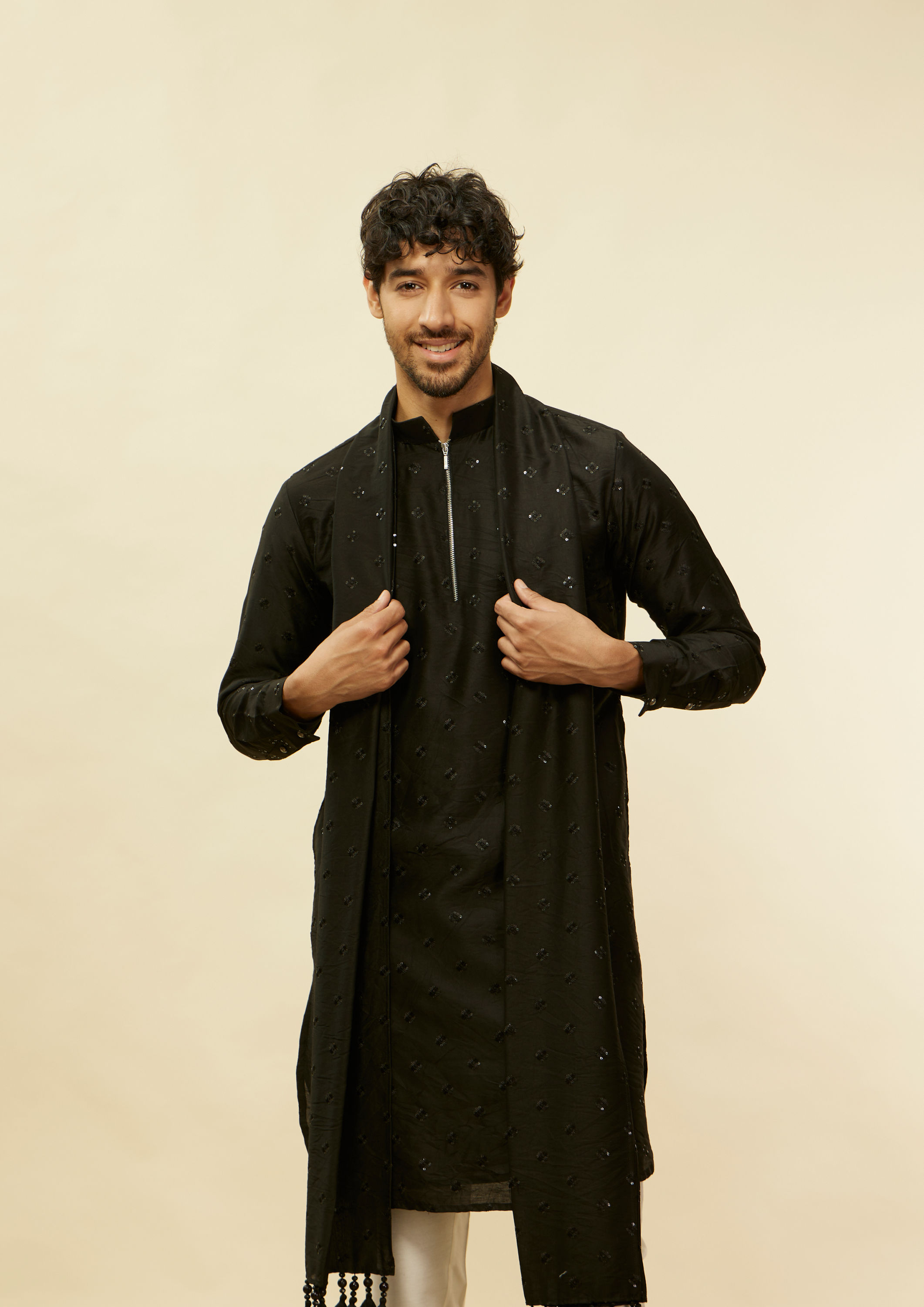 Twamev Men Rich Sequin Affair in Black Kurta Set