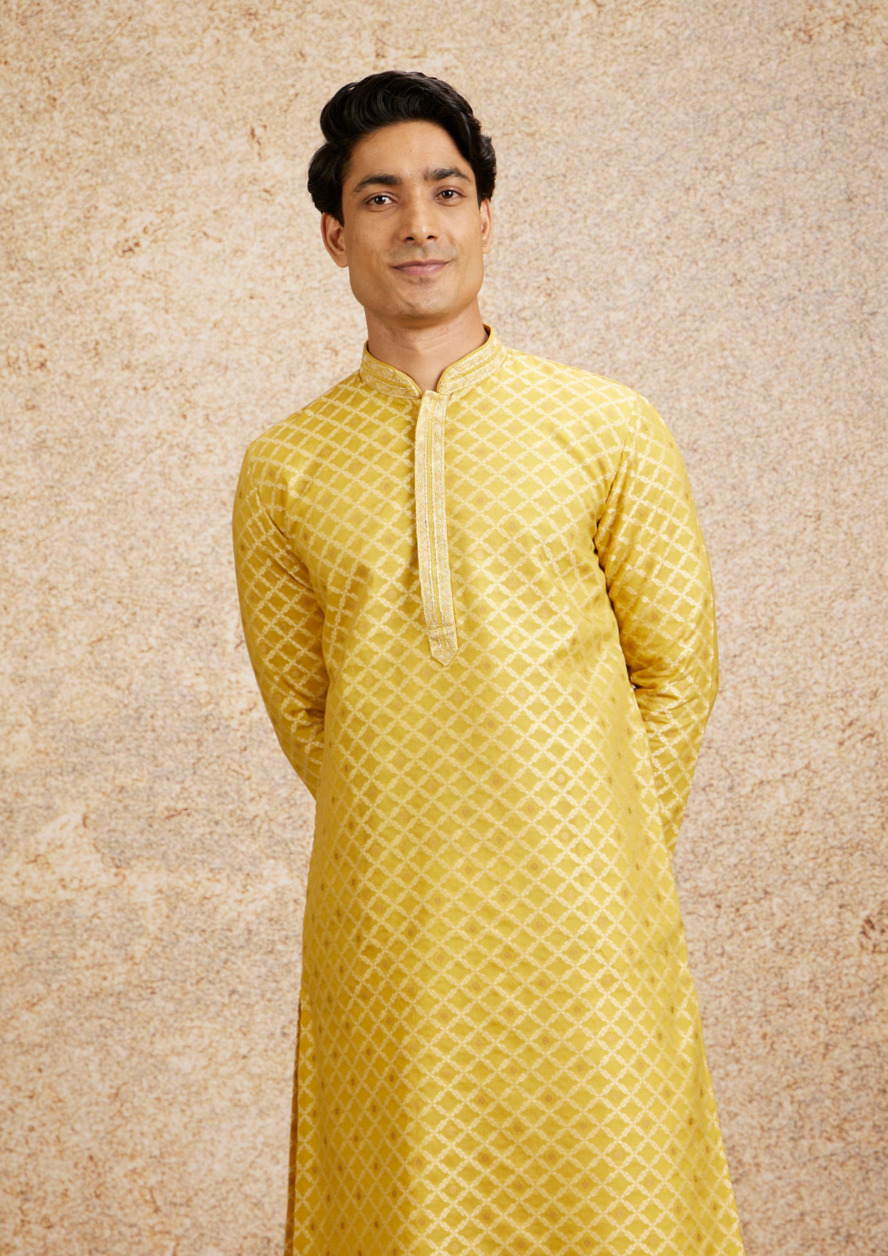 alt message - Twamev Men Mustard Yellow Jaal Patterned Kurta Set image number 0