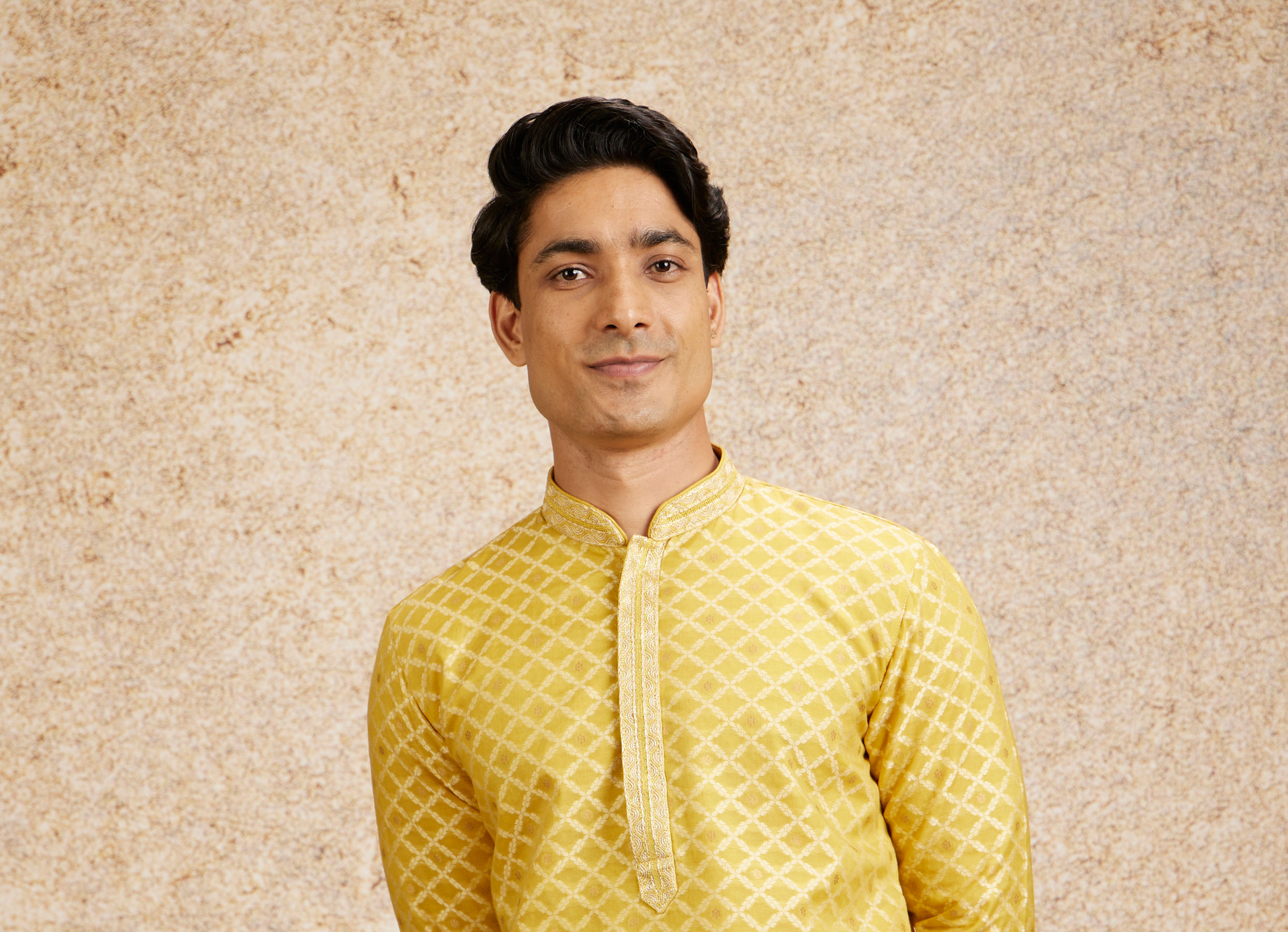 Twamev Men Mustard Yellow Jaal Patterned Kurta Set