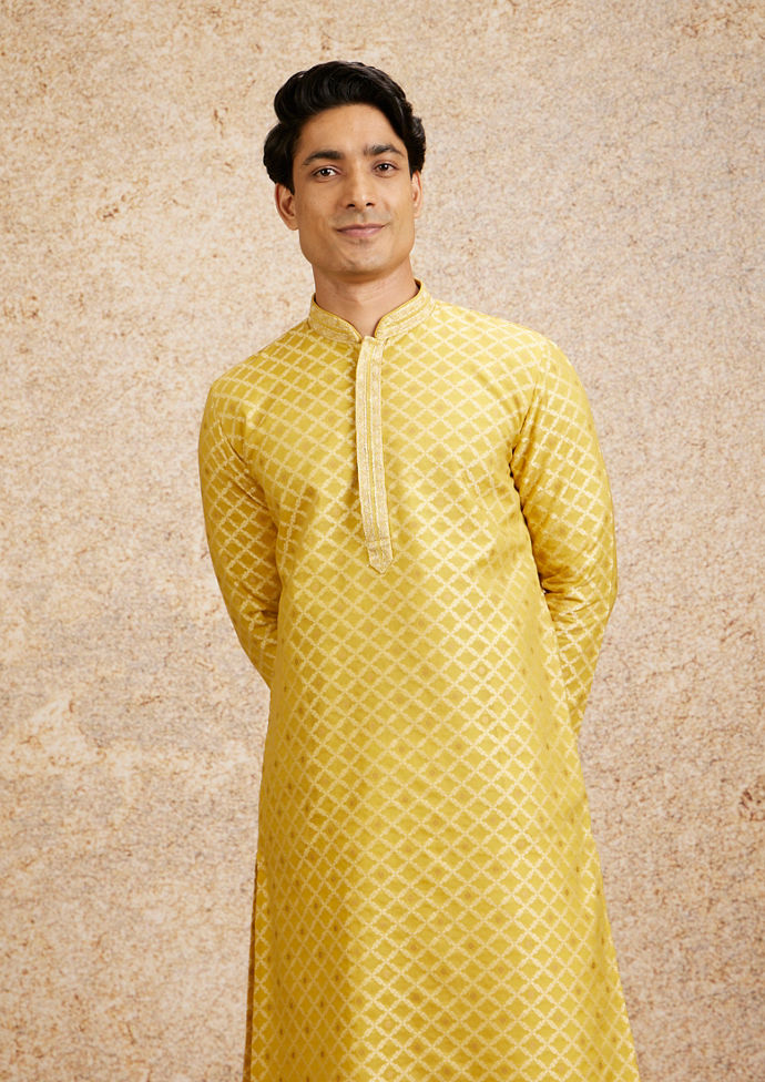 Twamev Men Mustard Yellow Jaal Patterned Kurta Set
