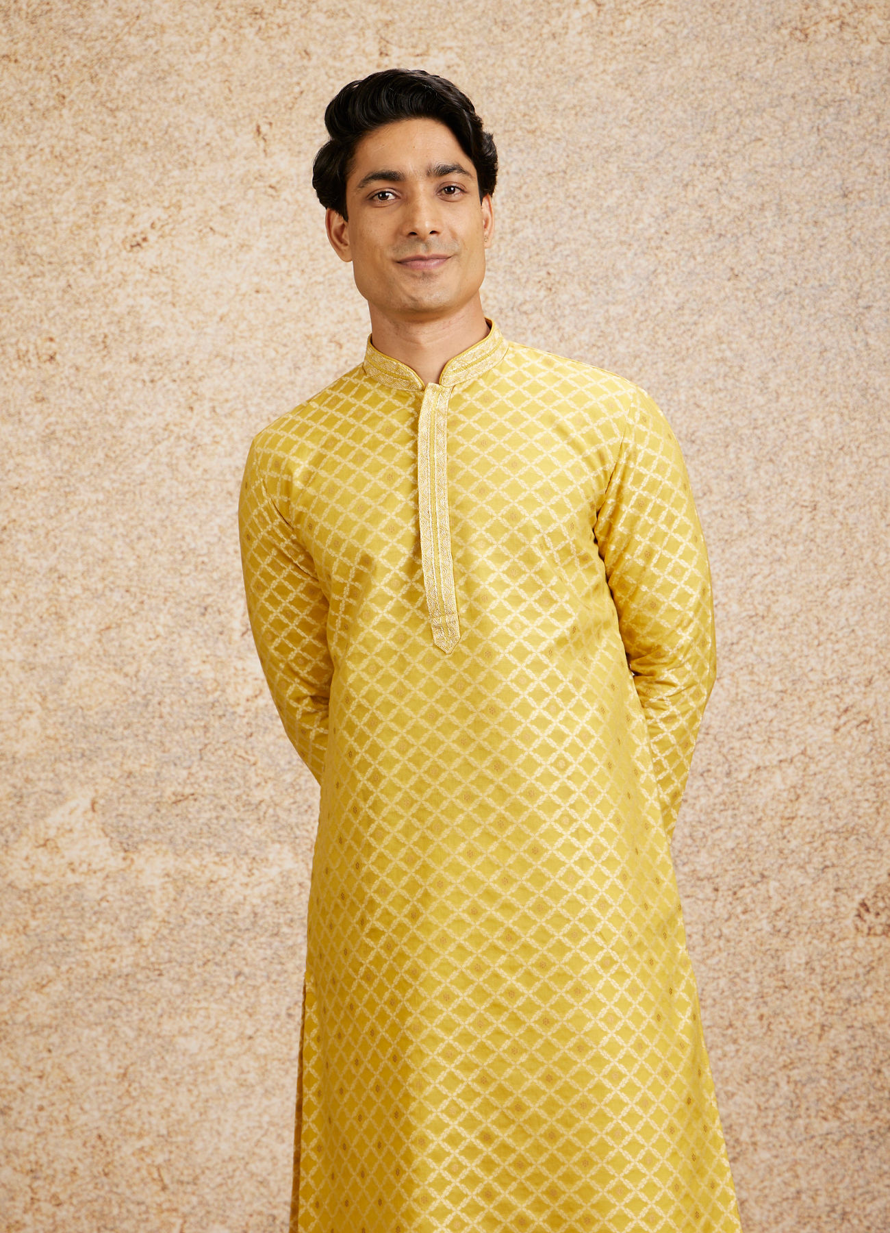 Twamev Men Mustard Yellow Jaal Patterned Kurta Set