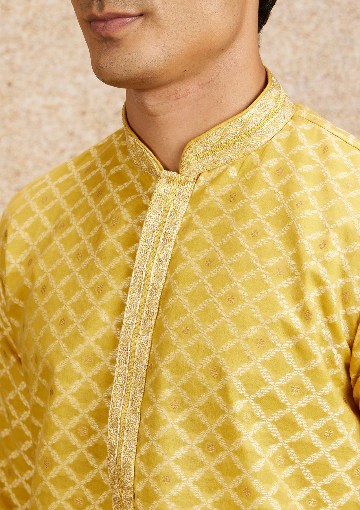 alt message - Twamev Men Mustard Yellow Jaal Patterned Kurta Set image number 1