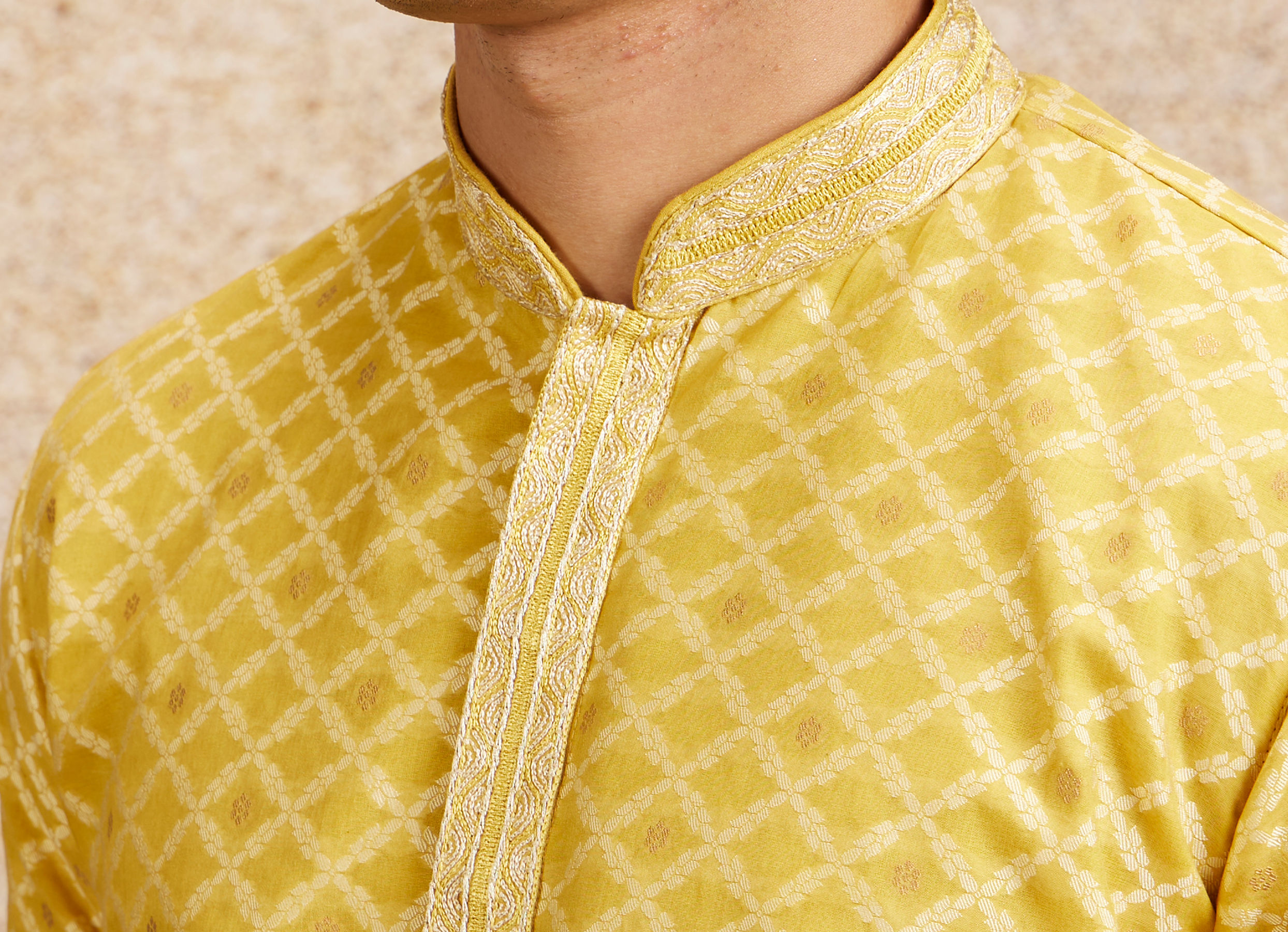 Twamev Men Mustard Yellow Jaal Patterned Kurta Set