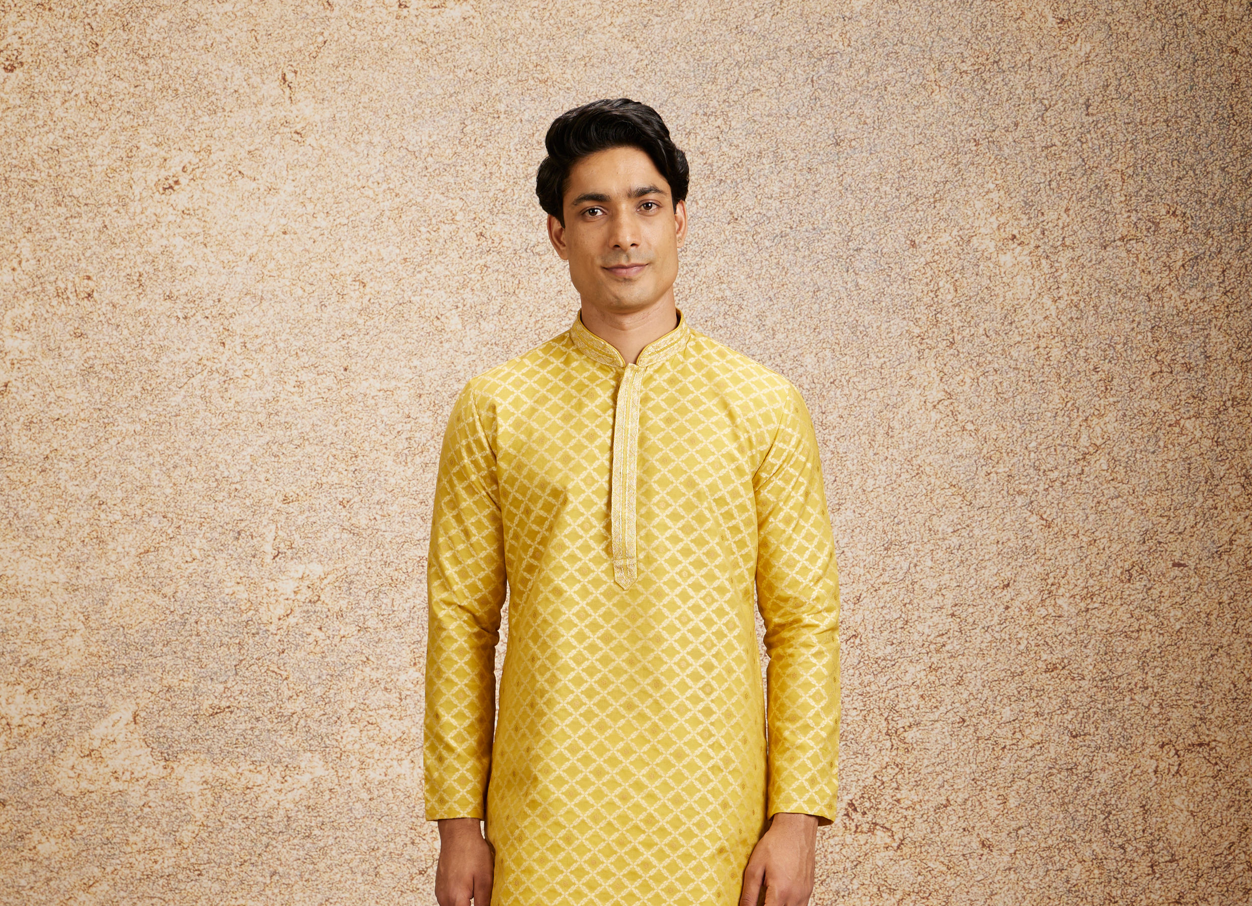 Twamev Men Mustard Yellow Jaal Patterned Kurta Set