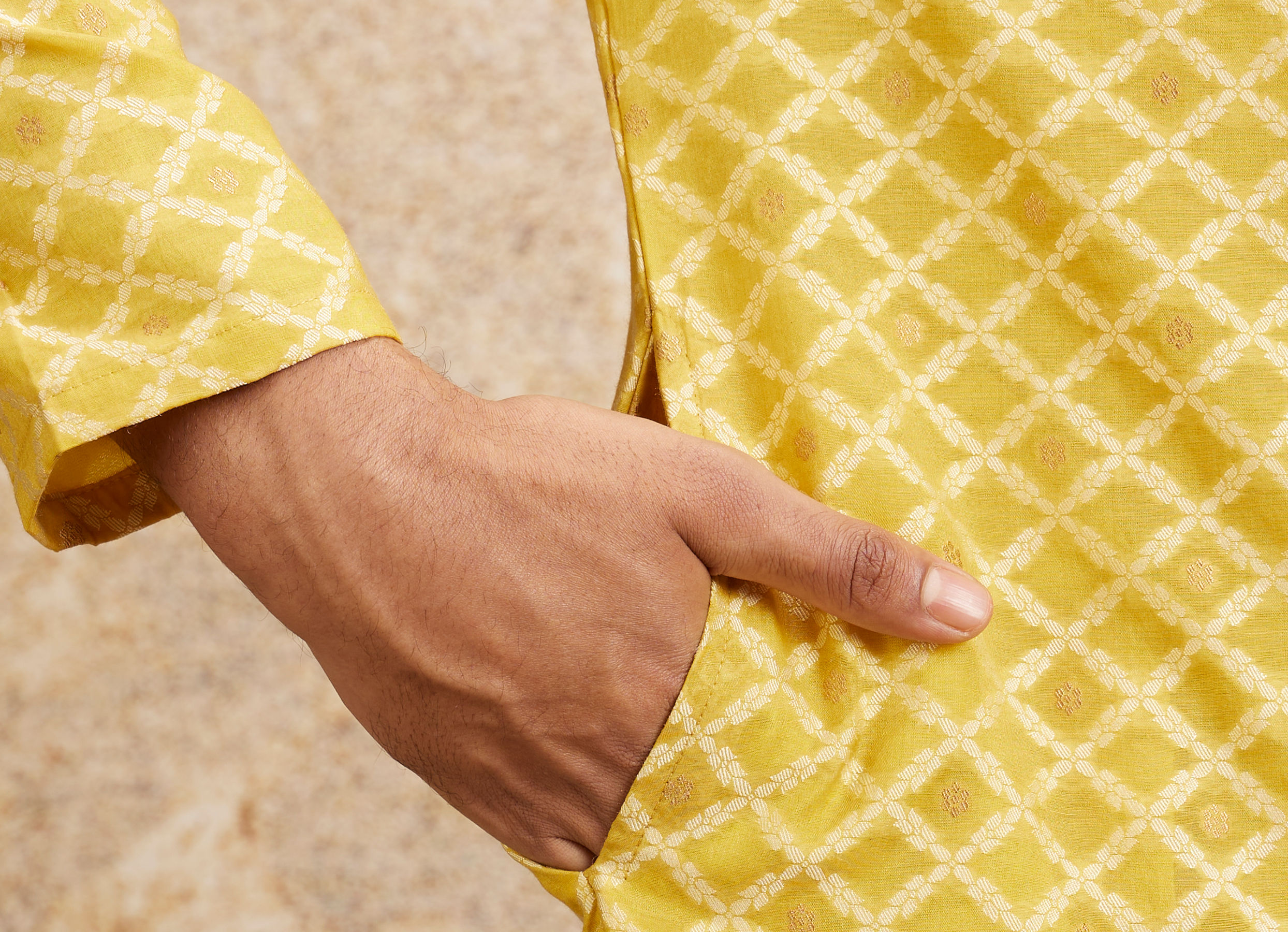 Twamev Men Mustard Yellow Jaal Patterned Kurta Set