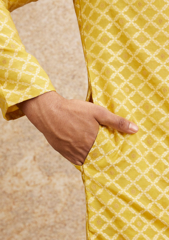Twamev Men Mustard Yellow Jaal Patterned Kurta Set