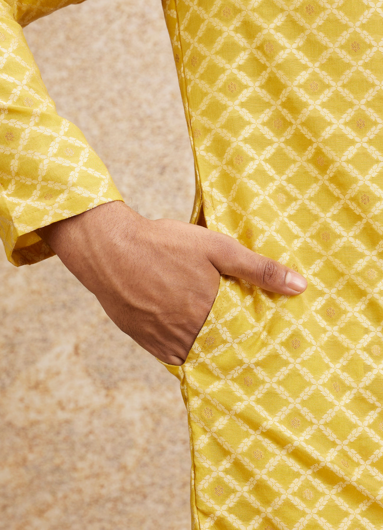 Twamev Men Mustard Yellow Jaal Patterned Kurta Set