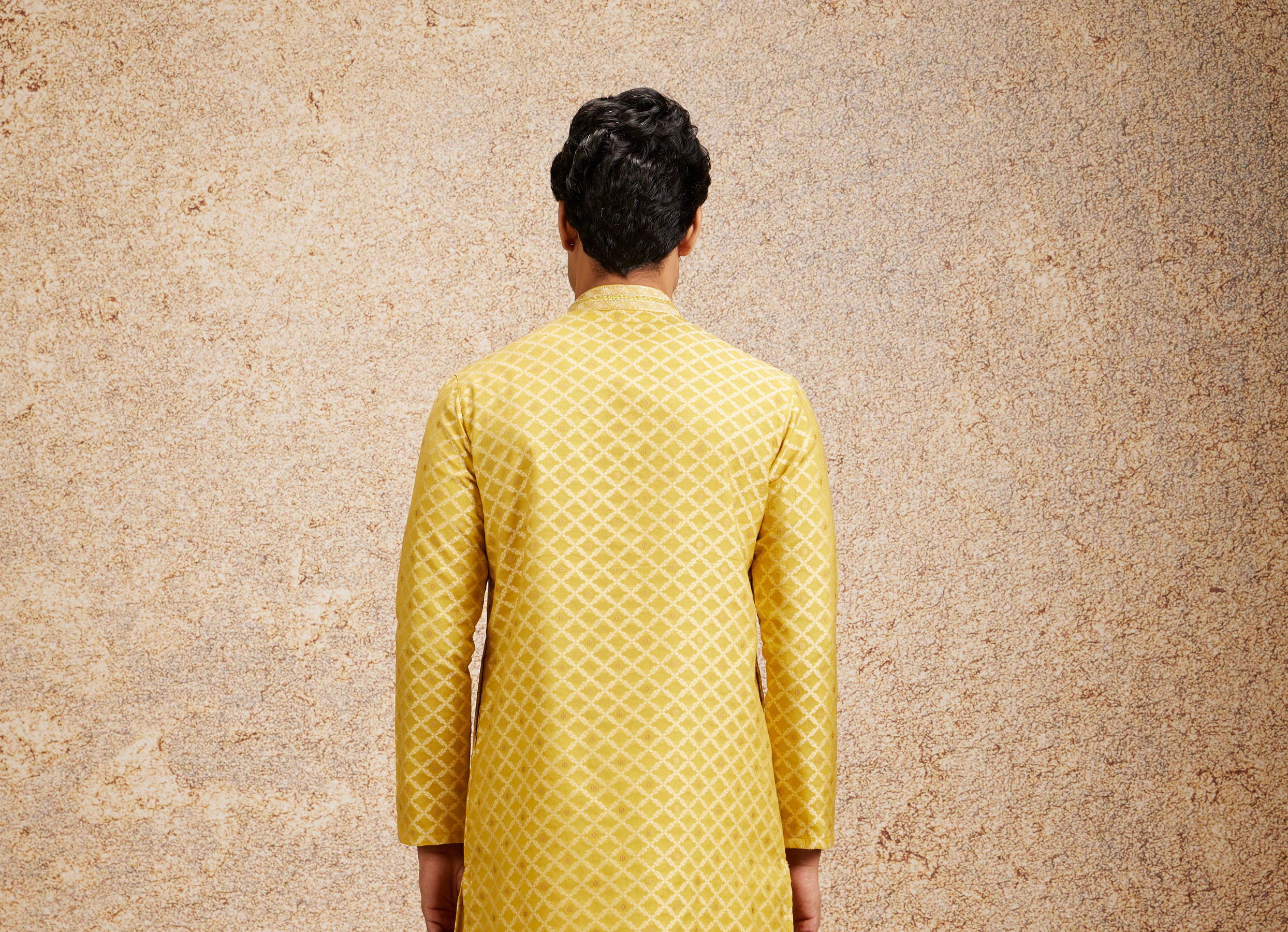Twamev Men Mustard Yellow Jaal Patterned Kurta Set