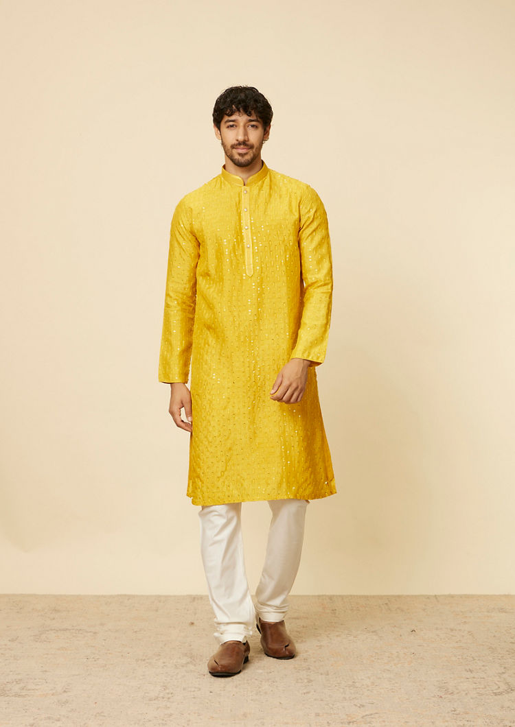 Twamev Men Mustard Self Patterned Sequined Kurta Set