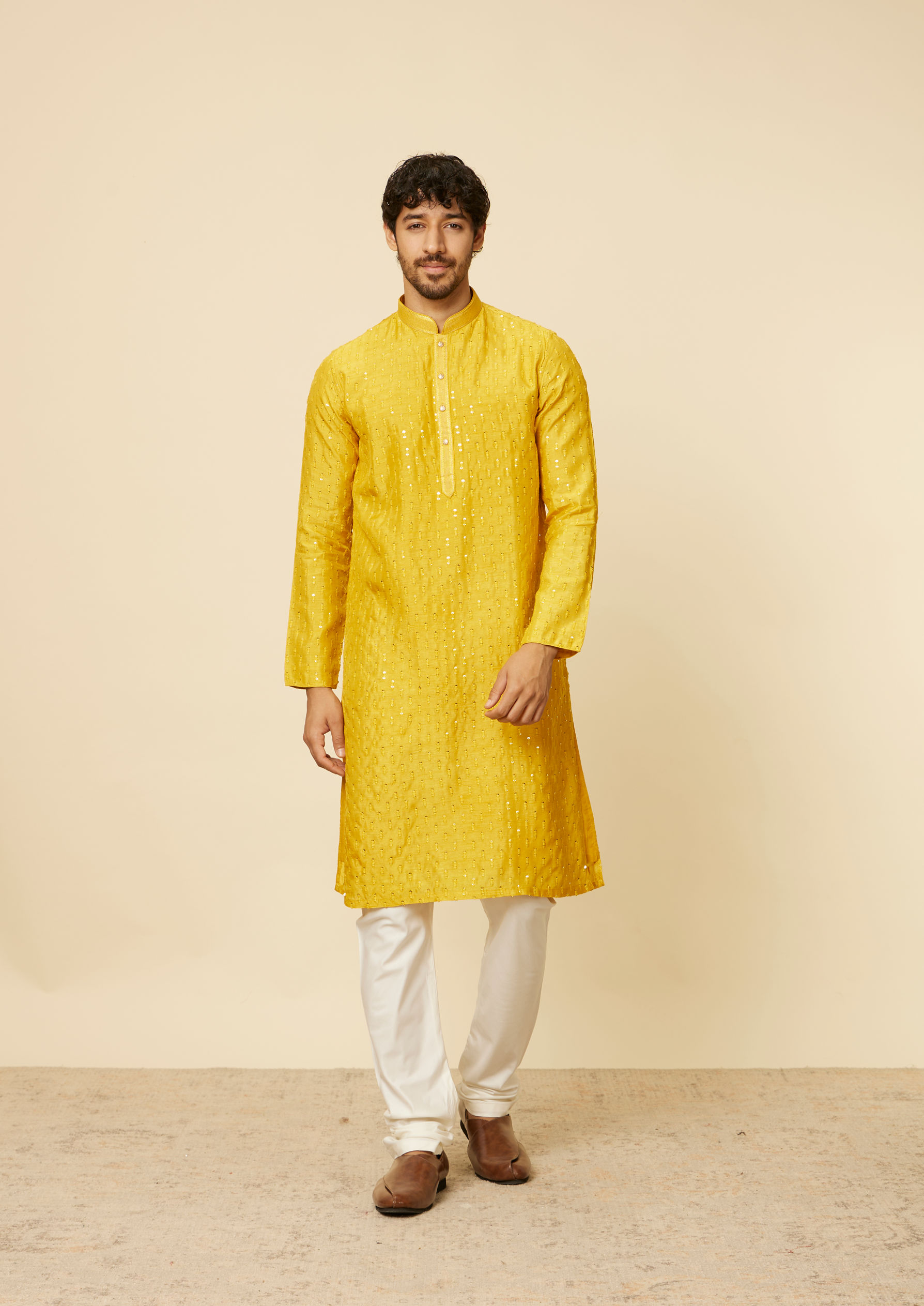 Twamev Men Mustard Self Patterned Sequined Kurta Set
