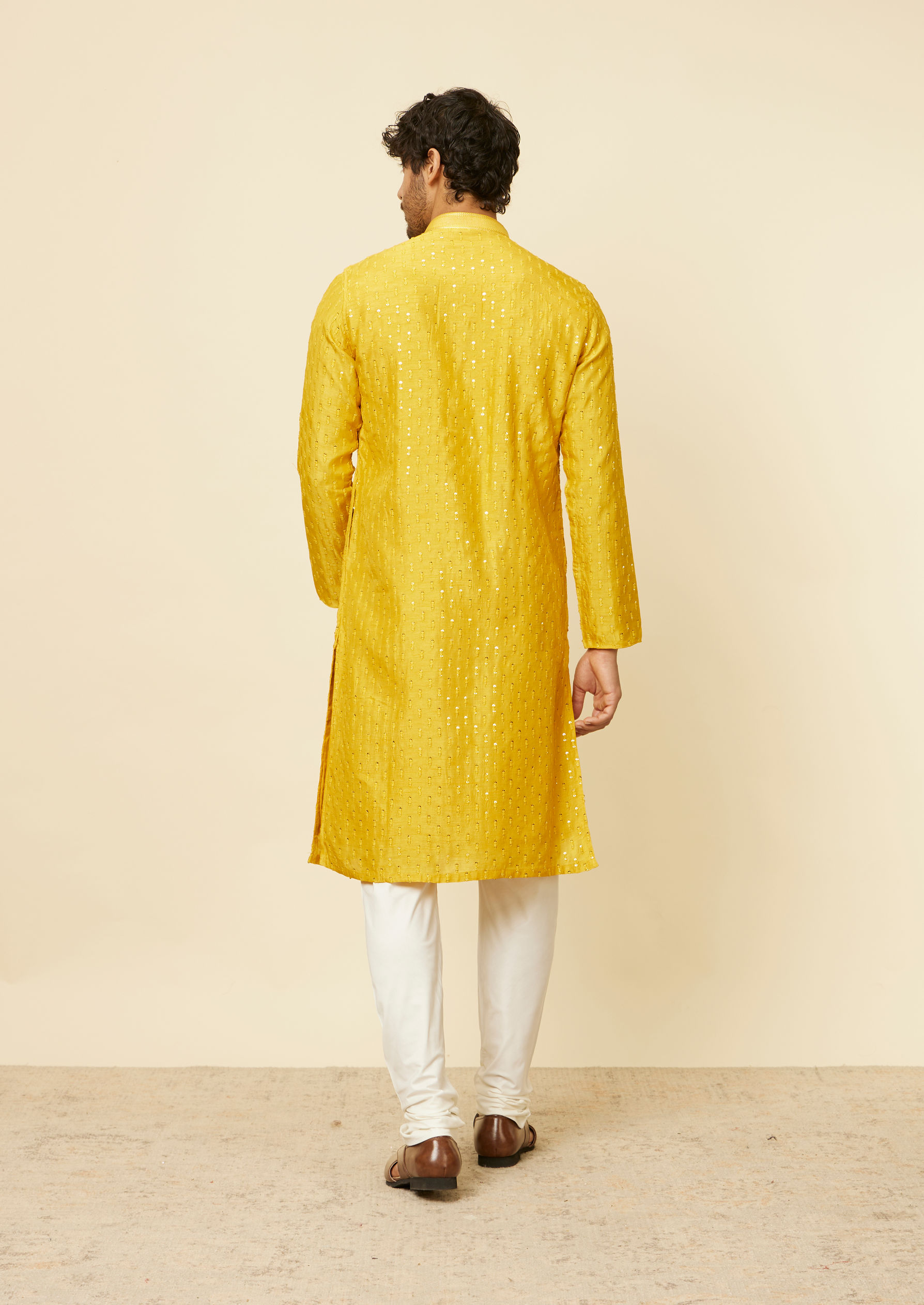 Twamev Men Mustard Self Patterned Sequined Kurta Set