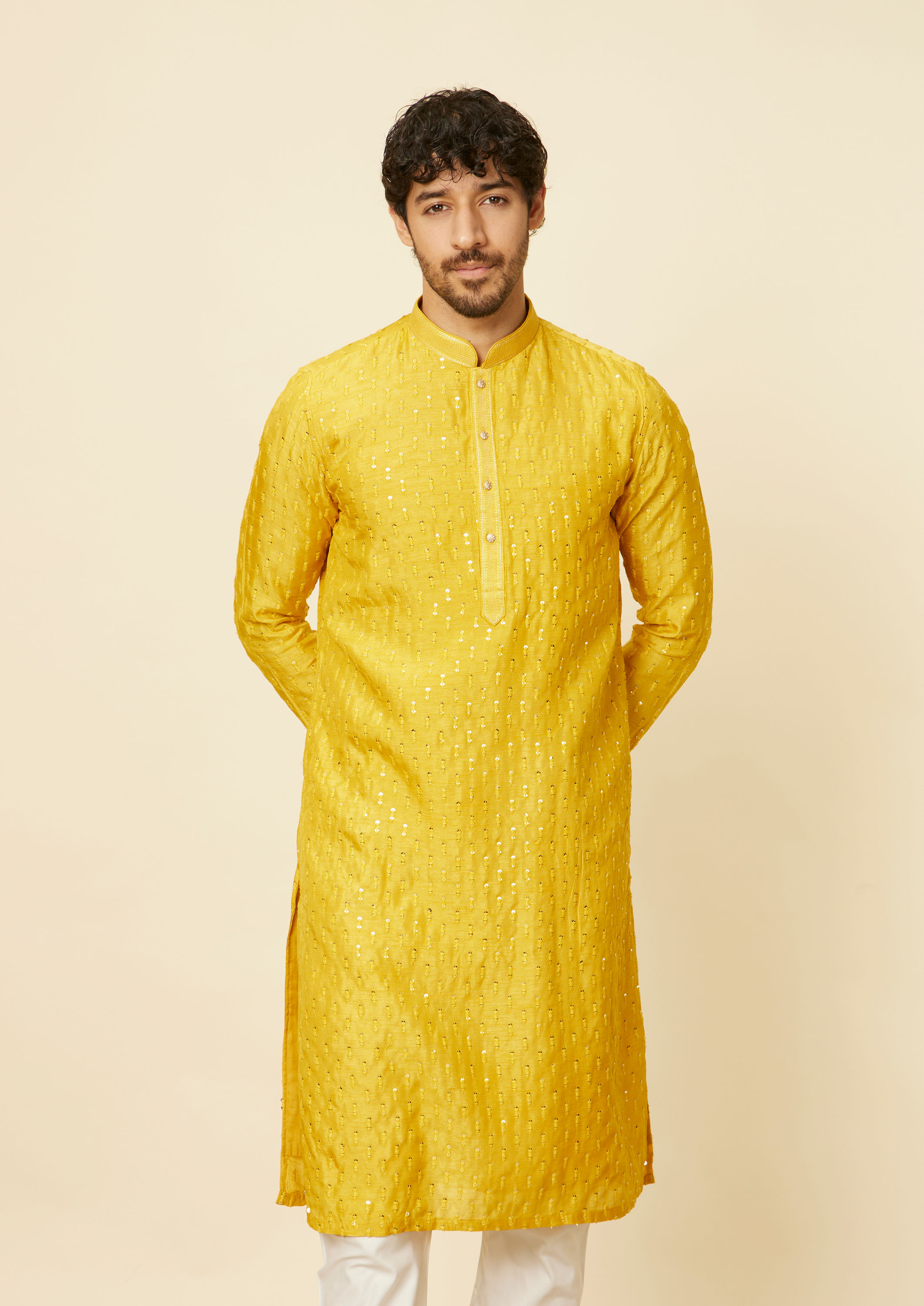 Twamev Men Mustard Self Patterned Sequined Kurta Set