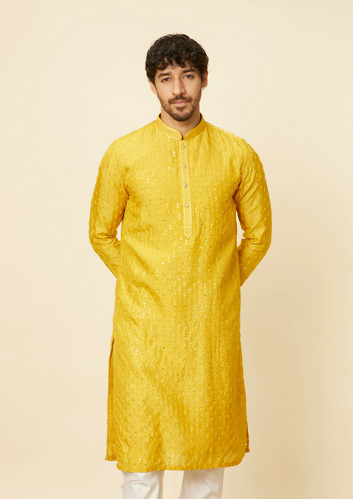 Twamev Men Mustard Self Patterned Sequined Kurta Set
