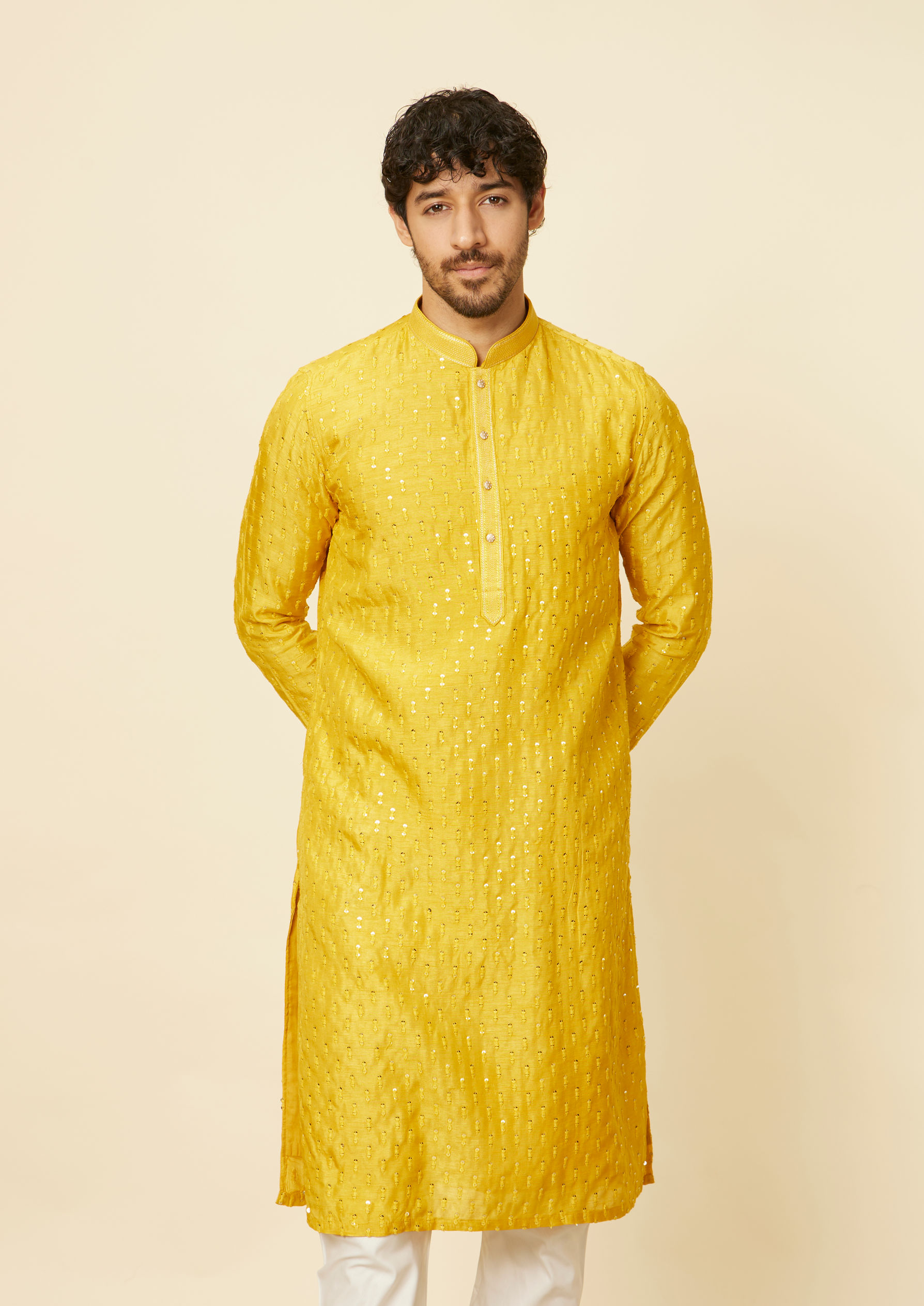 Twamev Men Mustard Self Patterned Sequined Kurta Set