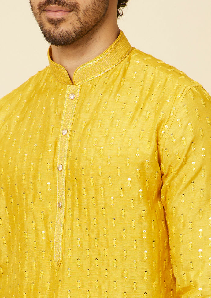 Twamev Men Mustard Self Patterned Sequined Kurta Set