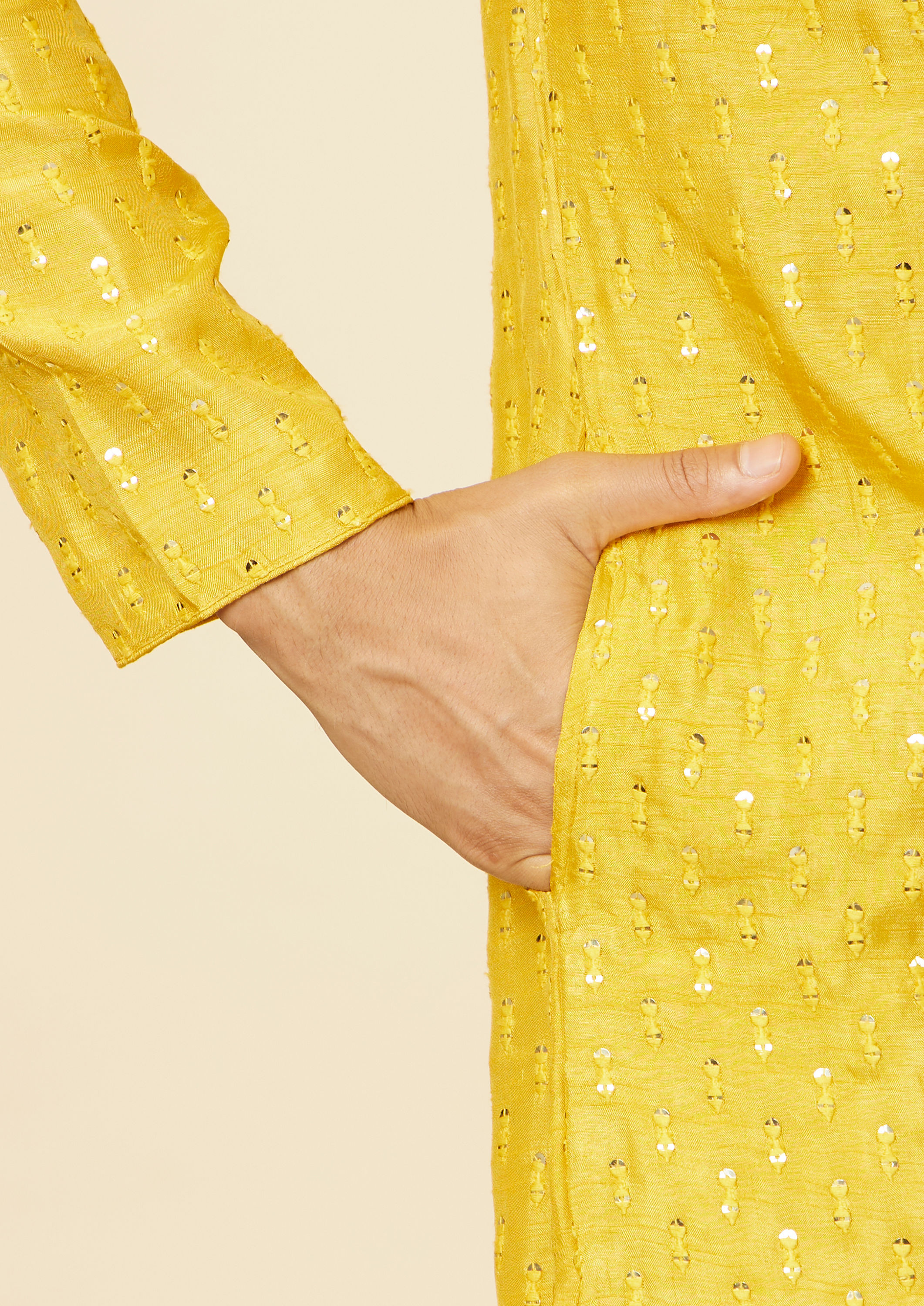Twamev Men Mustard Self Patterned Sequined Kurta Set