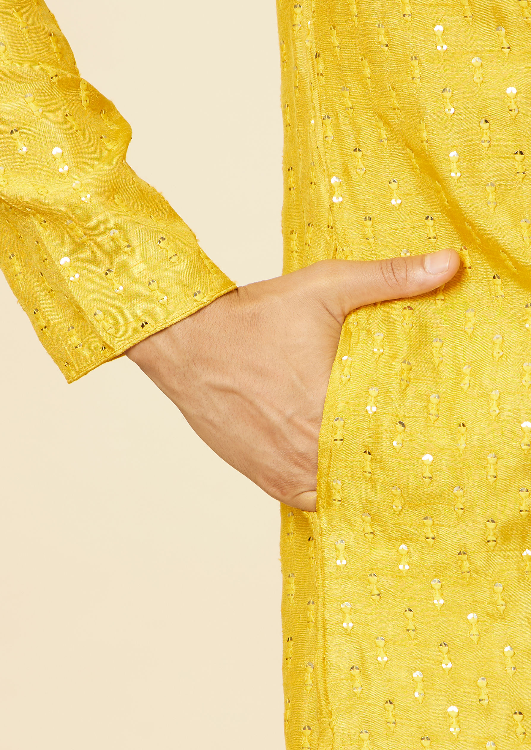 Twamev Men Mustard Self Patterned Sequined Kurta Set