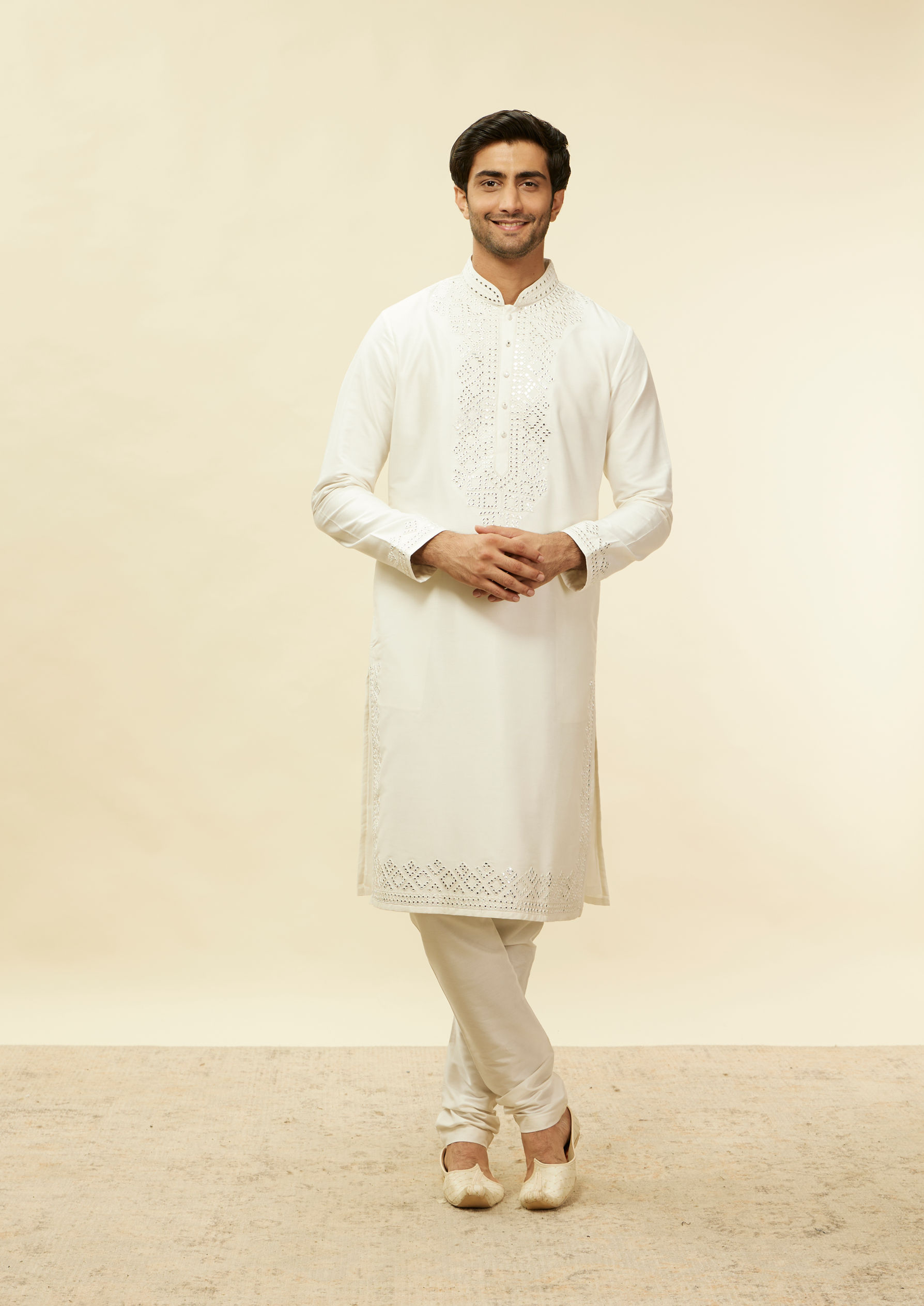Twamev Men Warm White Foil Mirror Kurta Set