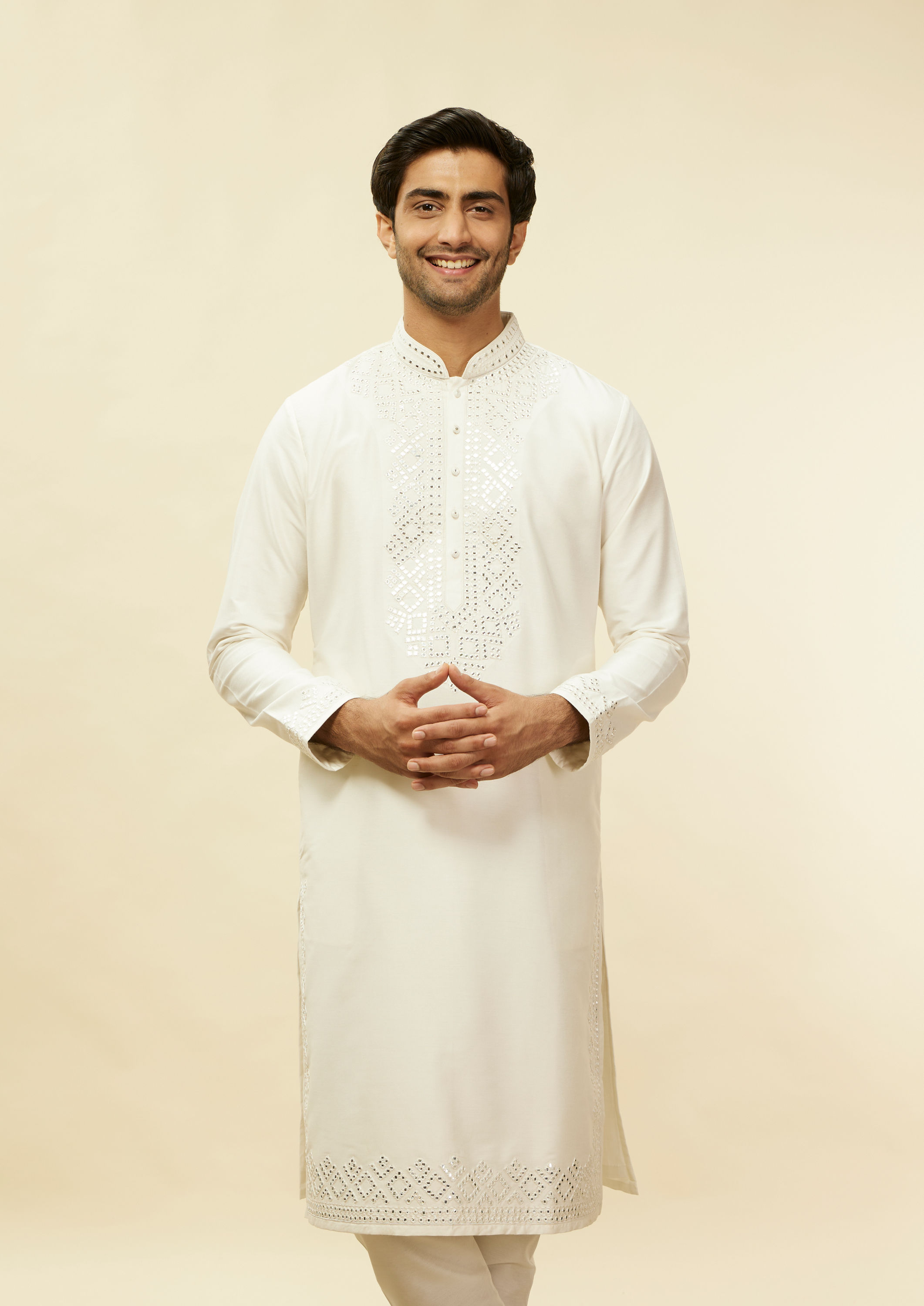 Twamev Men Warm White Foil Mirror Kurta Set