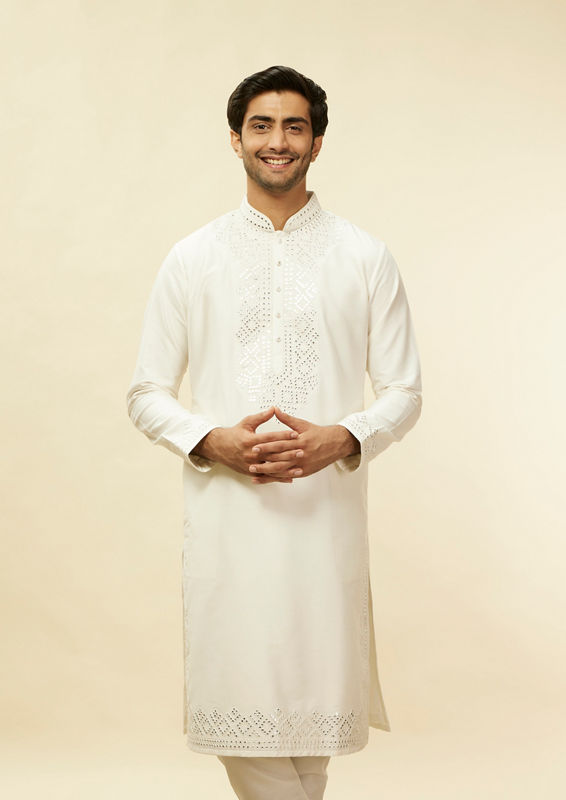 Twamev Men Warm White Foil Mirror Kurta Set