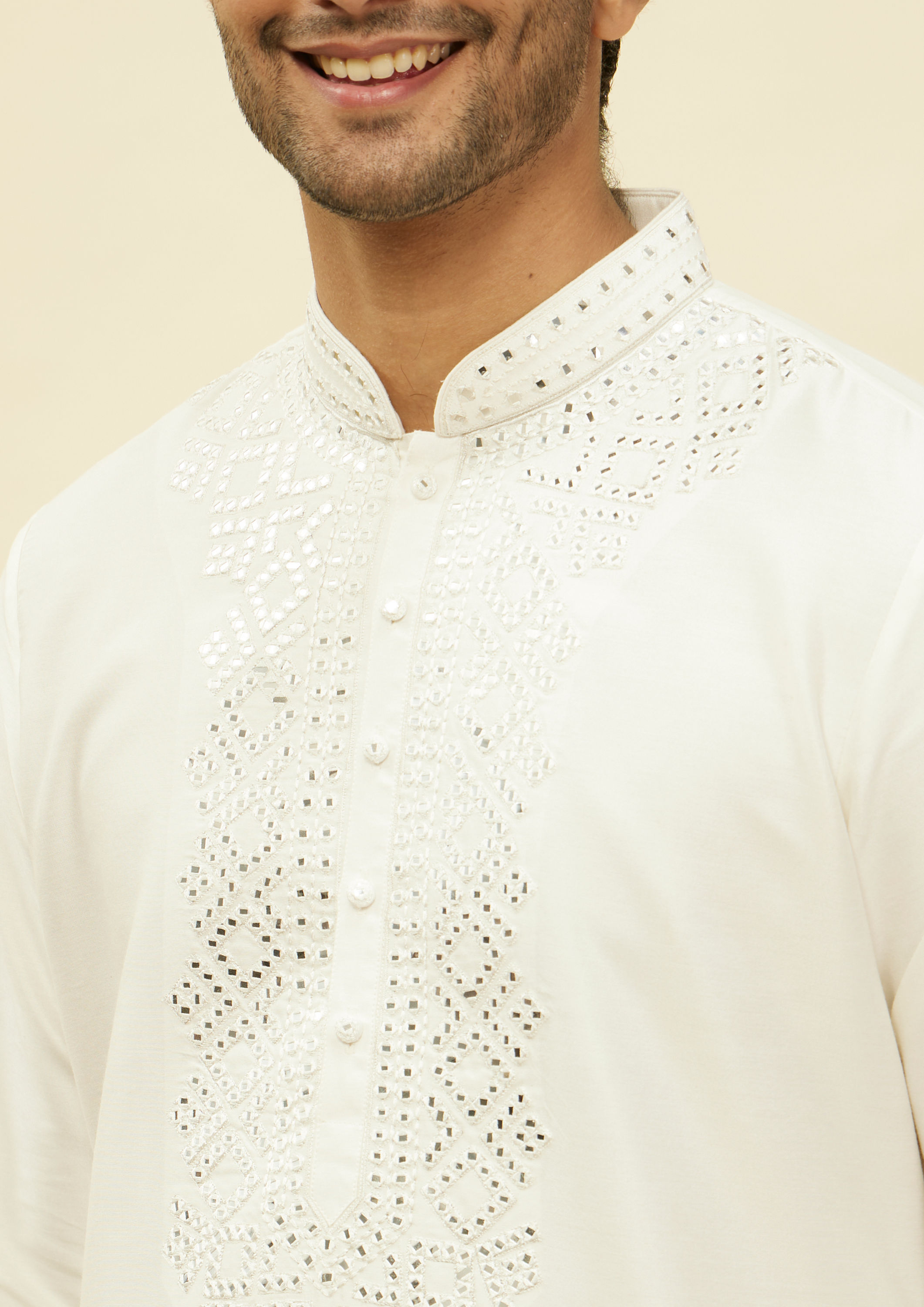 Twamev Men Warm White Foil Mirror Kurta Set