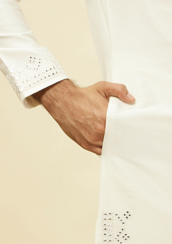 Twamev Men Warm White Foil Mirror Kurta Set