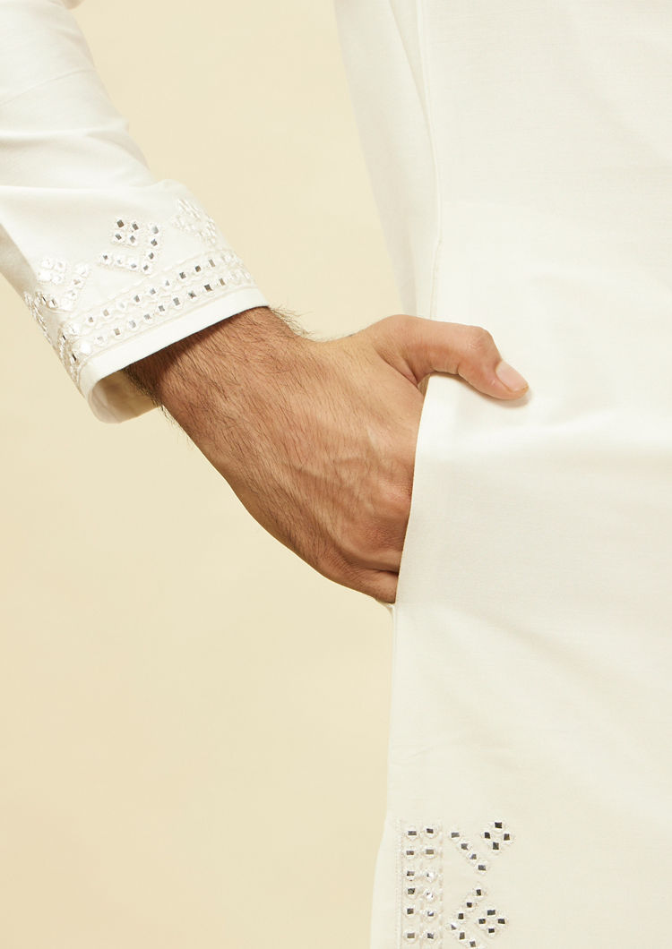 Twamev Men Warm White Foil Mirror Kurta Set