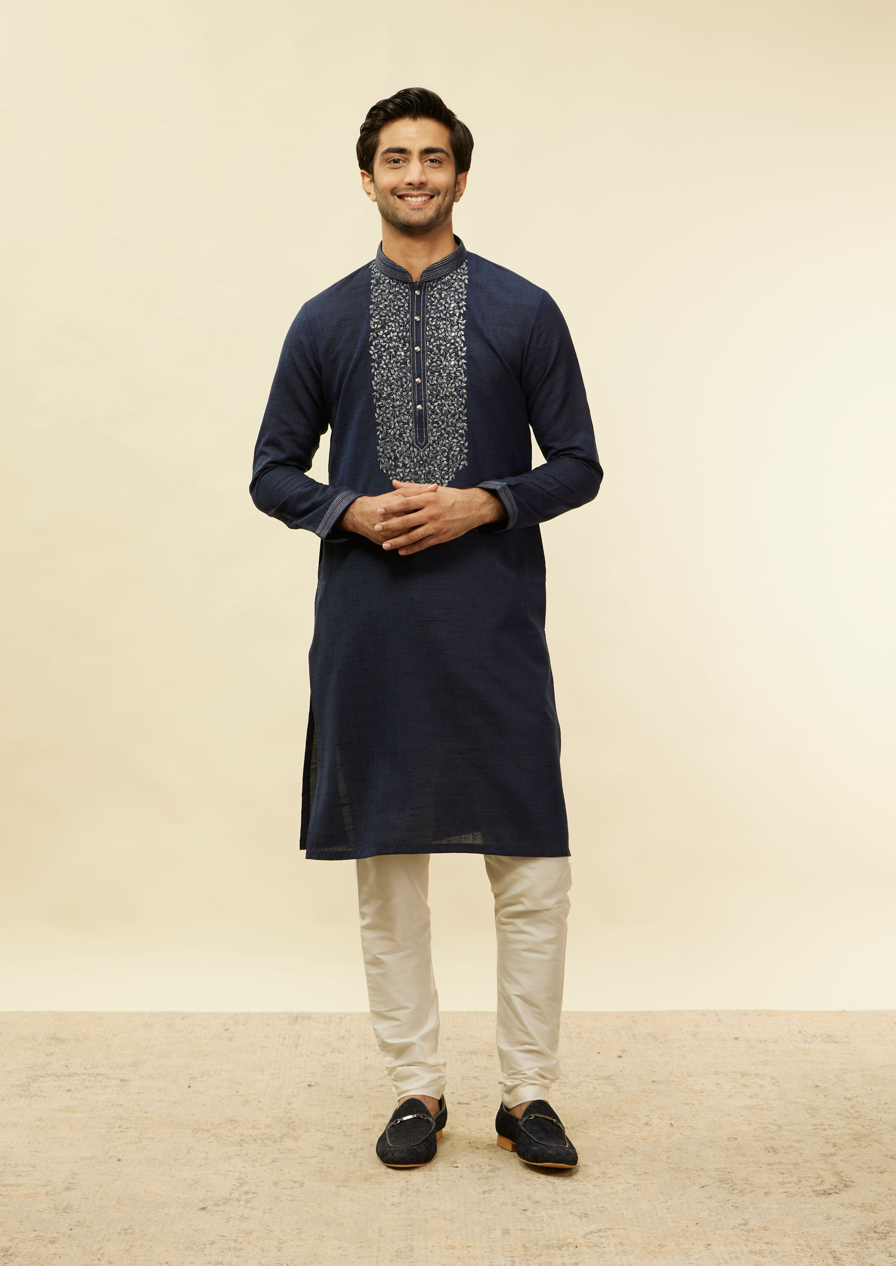 Twamev Men Traditional Blue Mandarin Collar Kurta Set