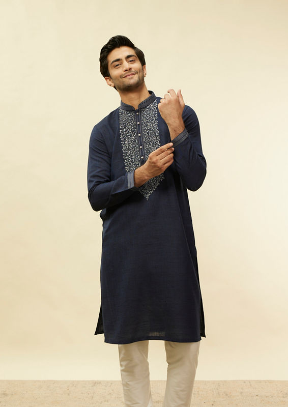 Twamev Men Traditional Blue Mandarin Collar Kurta Set