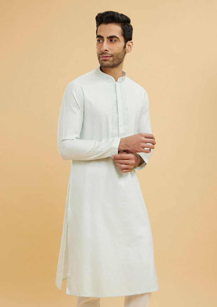 Twamev Men Aqua Green Floral Patterned Kurta Set with Embroidered Neckline