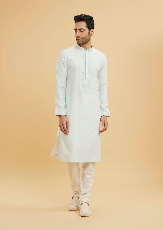 Twamev Men Aqua Green Floral Patterned Kurta Set with Embroidered Neckline